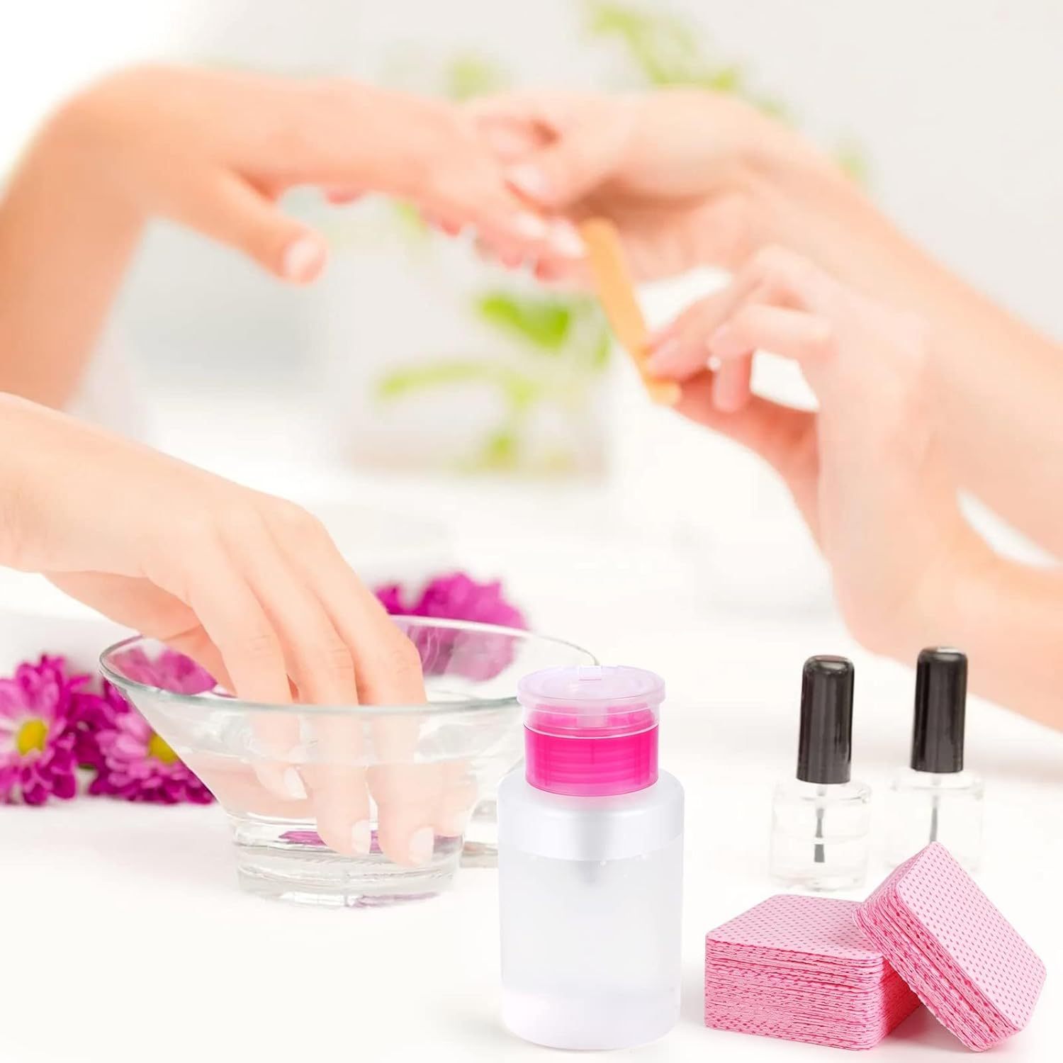 400 Pieces Nail Cotton Pads,1 Pull-Down Pump Dispenser Bottle,Super Absorbent Soft Non-Woven Eyelash Glue Wipes,Nail Polish Dehumidifier for Eyelash Extension Products and Nail Oil Bottle(Pink White) image number 1