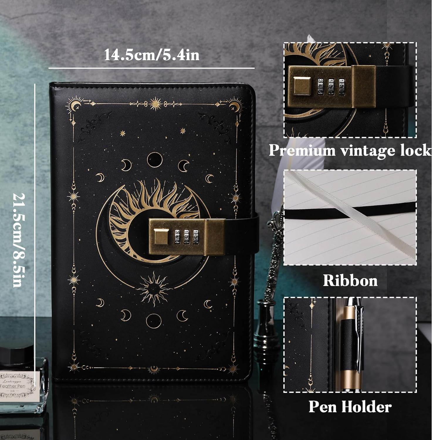 TIEFOSSI Diary with Lock, Vintage Sun Journal with Lock for Women Men, A5 Refillable Notebook with Lock for Writing, 224 Numbered Pages image number 1