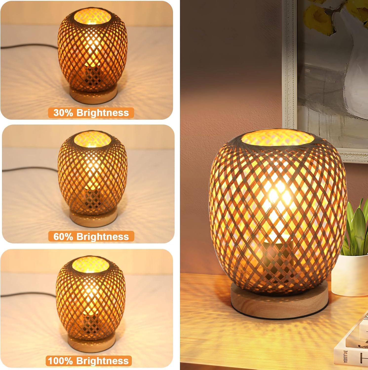 Bamboo Bedside Lamp, Vintage Retro Table Lamp with E27 Base and Built-In Dimmer, Ideal for Bedroom, Living Room and Office (Bulb Not Included) image number 4