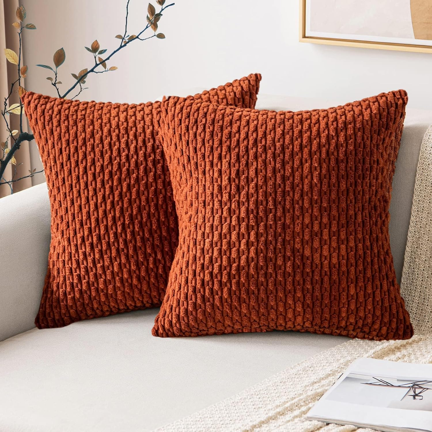 2 Packs Throw Pillow Covers Corduroy, Decorative Lumbar Pillow Covers, JOMWEN Super Soft Boho Striped Cushion Covers for Couch Bed Sofa Livingroom (Rust, 45 X 45 Cm) image number 2