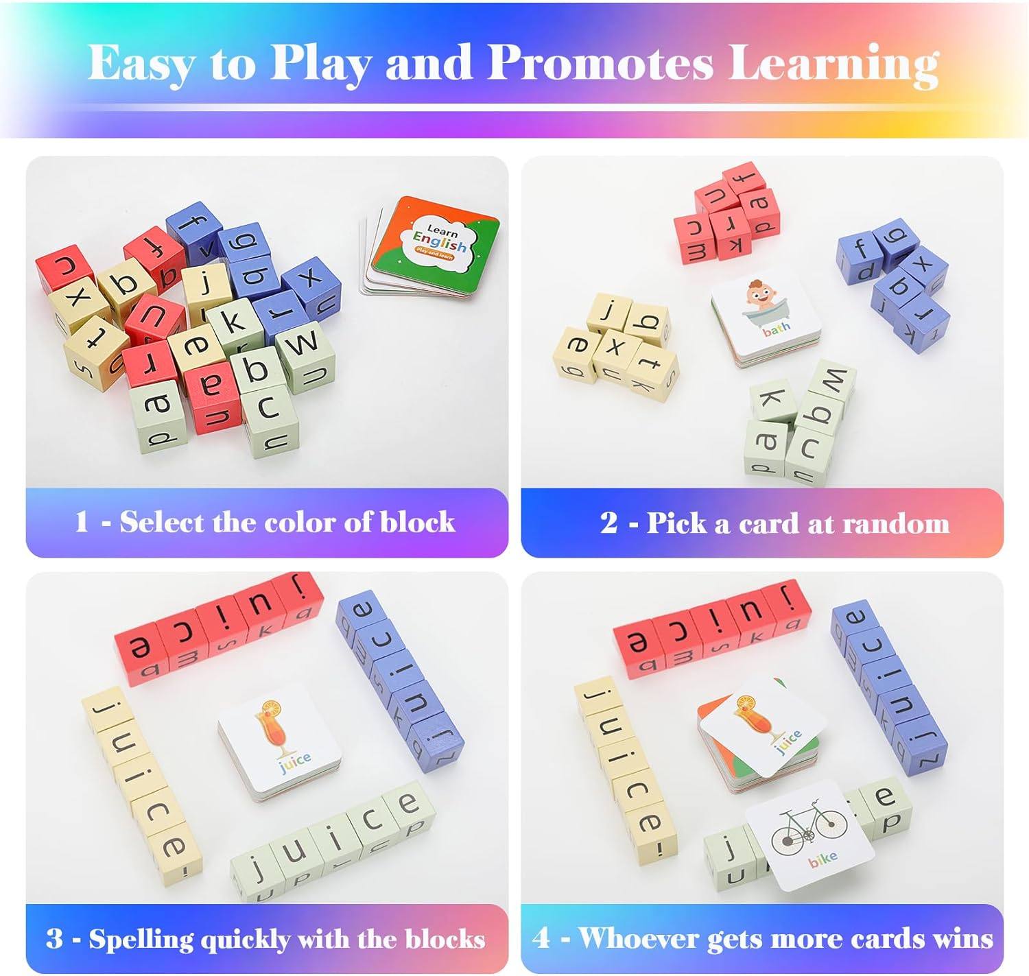 Educational Flash Cards and Wooden Blocks Spelling Games, Alphabet Matching Multiplayer, Stimulates the Brain'S Imagination and Creativity, Flash Cards for Kids Ages 4-8 Suitable for Classroom,Parties