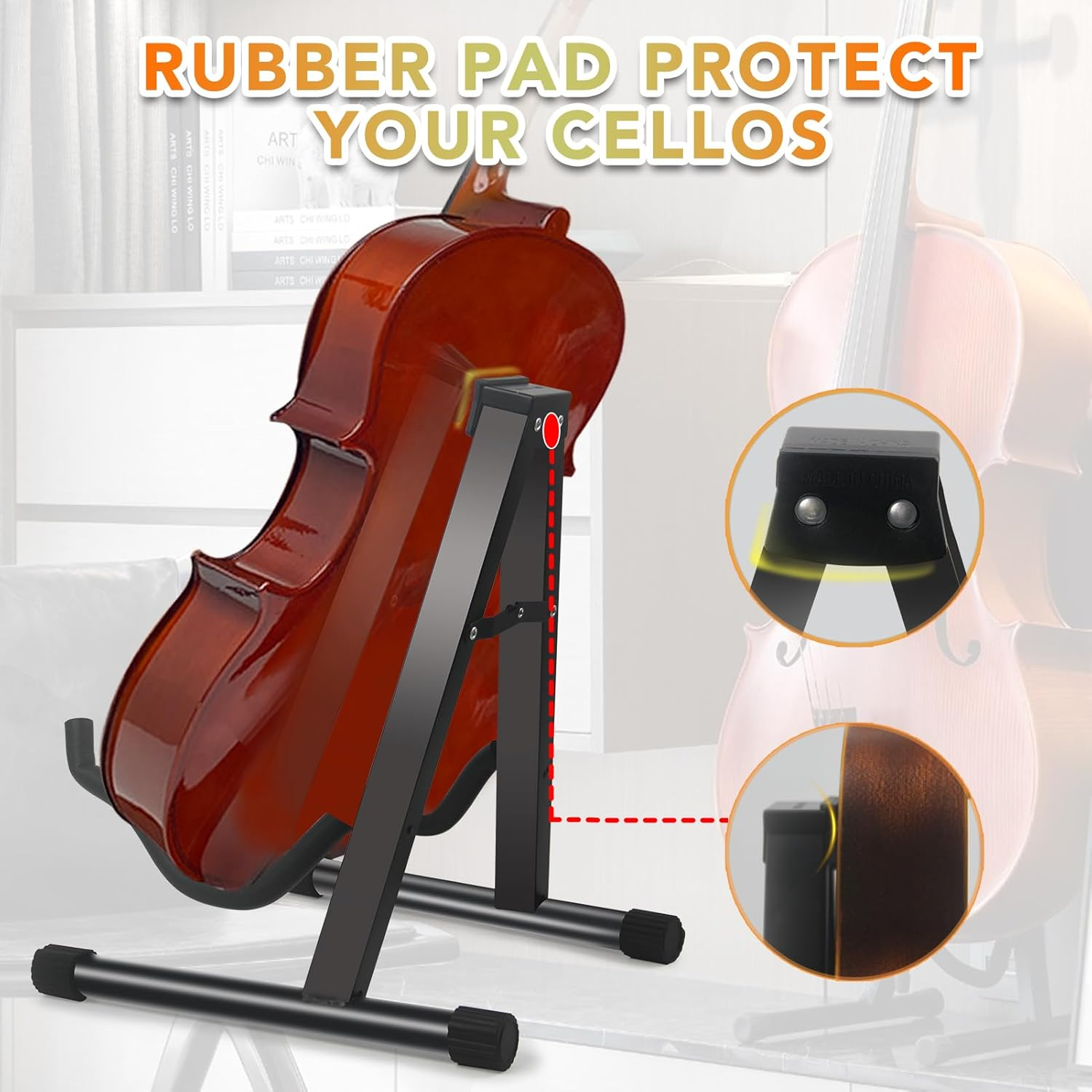 Geewin A-Frame Folding Cello Stand, 1/8-4/4 Cellos, Guitar Stand, Black, Plastic/Metal (Main Body), Rubber Feet image number 5