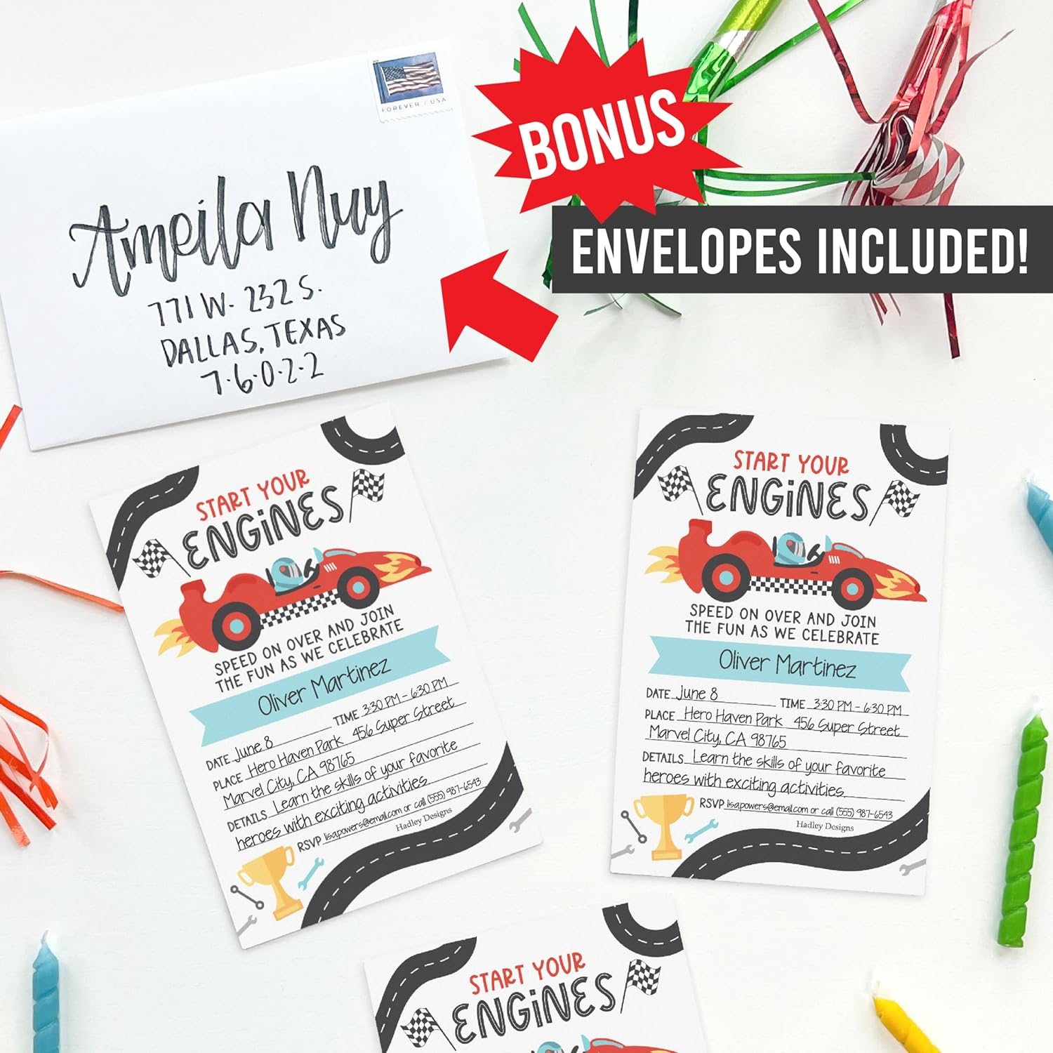 Hadley Designs Kids Birthday Invitations for Boys Race Car Theme - 15 Racing Truck Birthday Party Invitations for Boys with Envelopes, Speed on over Invites for Boy, Cute Party Supplies, Made in USA image number 5