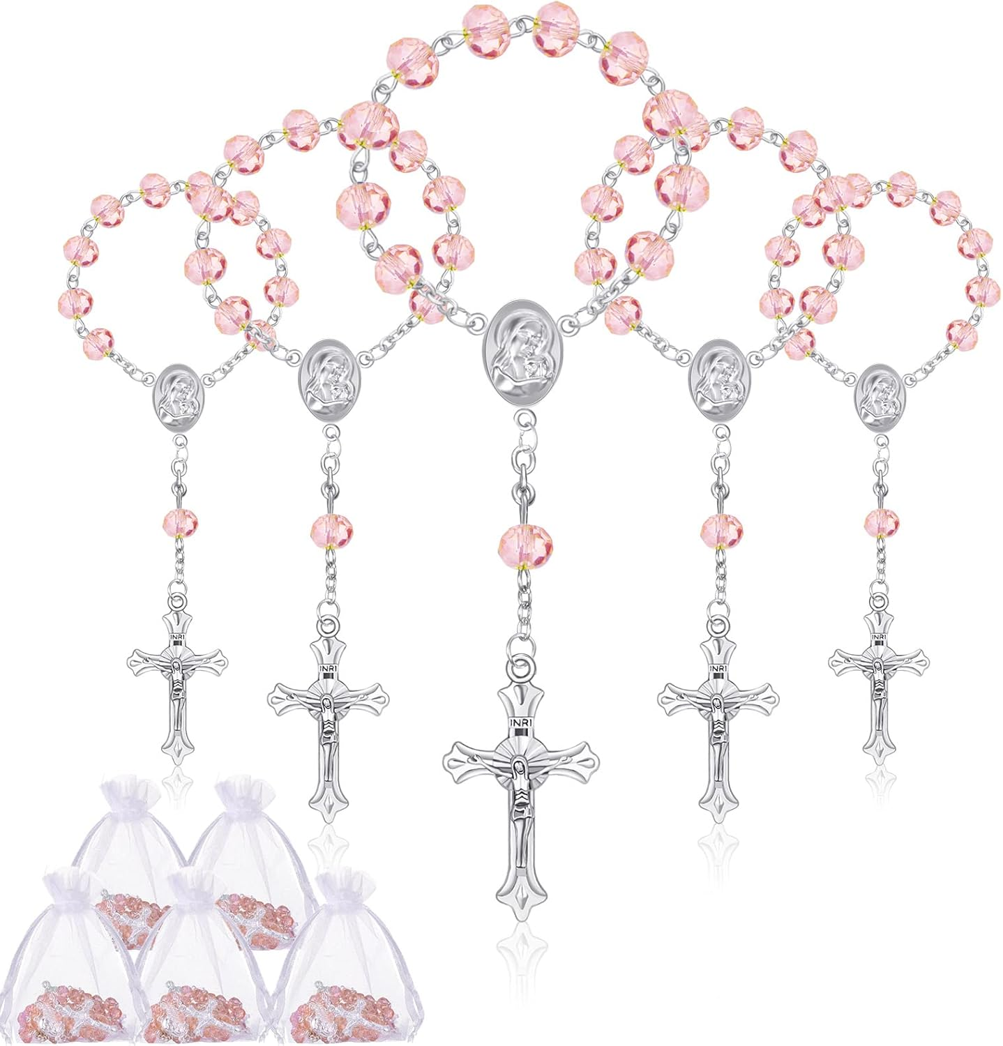 Yinkin 30 Pieces Baptism Rosary Catholic Mini Rosaries Baptism Favors for Guests Party Favors Rosary Beads 30 Pcs Organza Bags for Christening Weddings First Communion Gift, 4.5 Inches, 2.8 X 3.5