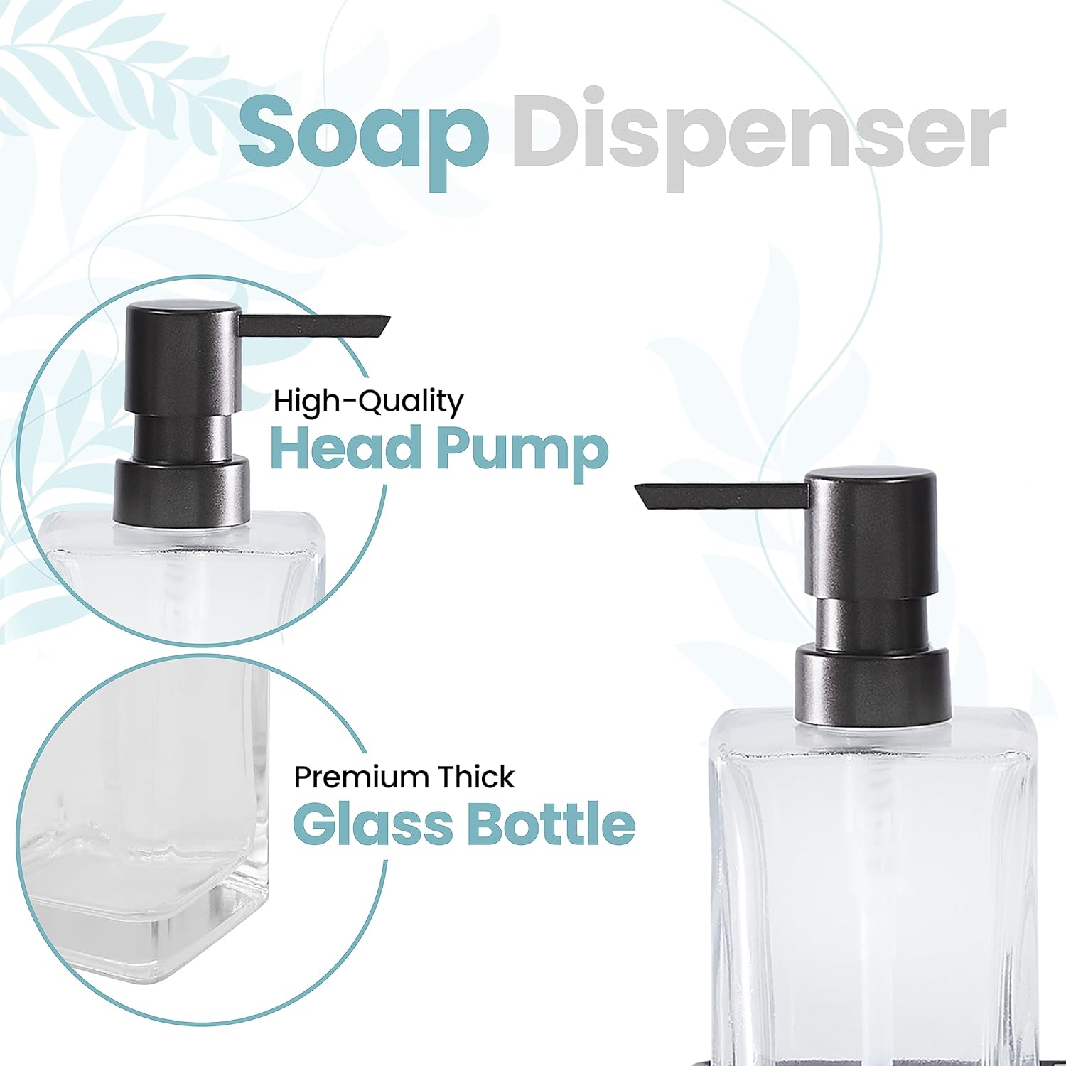 Square Glass Clear Lotion and Soap Pump Dispenser Set with Metal Stand Caddy for Bathroom Bath Kitchen Home Office Travel Hotel Hand Crafted Heavy Weight (Oil Rubbed Bronze) - Spa Blue image number 6