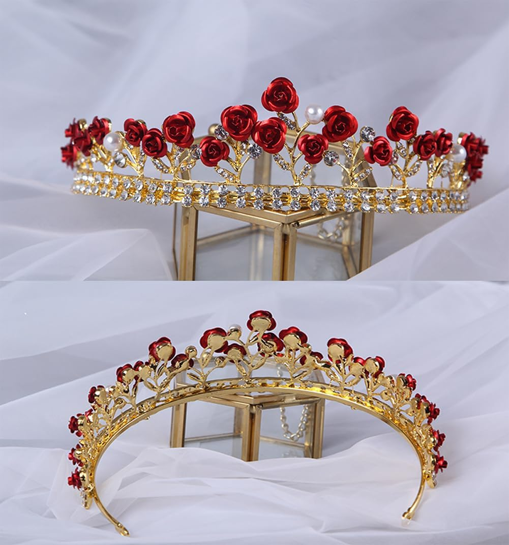 Glitter Red Rose Rhinestone Pearl Tiara Bride Princess Floral Crown Headband Headpiece Hair Jewelry for Wedding Party Birthday image number 4