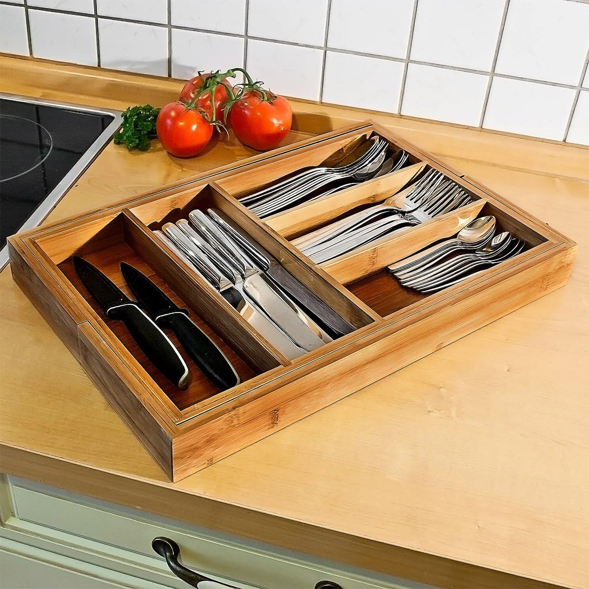 Relaxdays Adjustable Cutlery Tray H X W X D: Approx. 5 X 48 X 46 Cm Bamboo Drawer Insert with 5 to 7 Compartments as Cutlery Insert and Kitchen Organiser Large Cutlery Insert for Drawer Natural image number 2