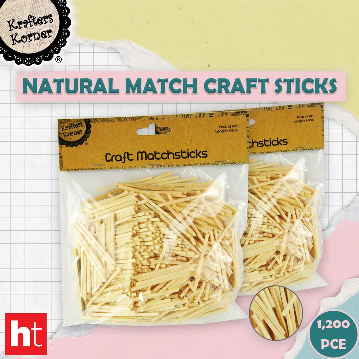 2 X Krafters Korner 4.8Cm Craft Matchsticks Kids Craft 1200Pce Wooden Natural Color Multi-Use DIY School Project Cake Pop Sticks Toy Best
