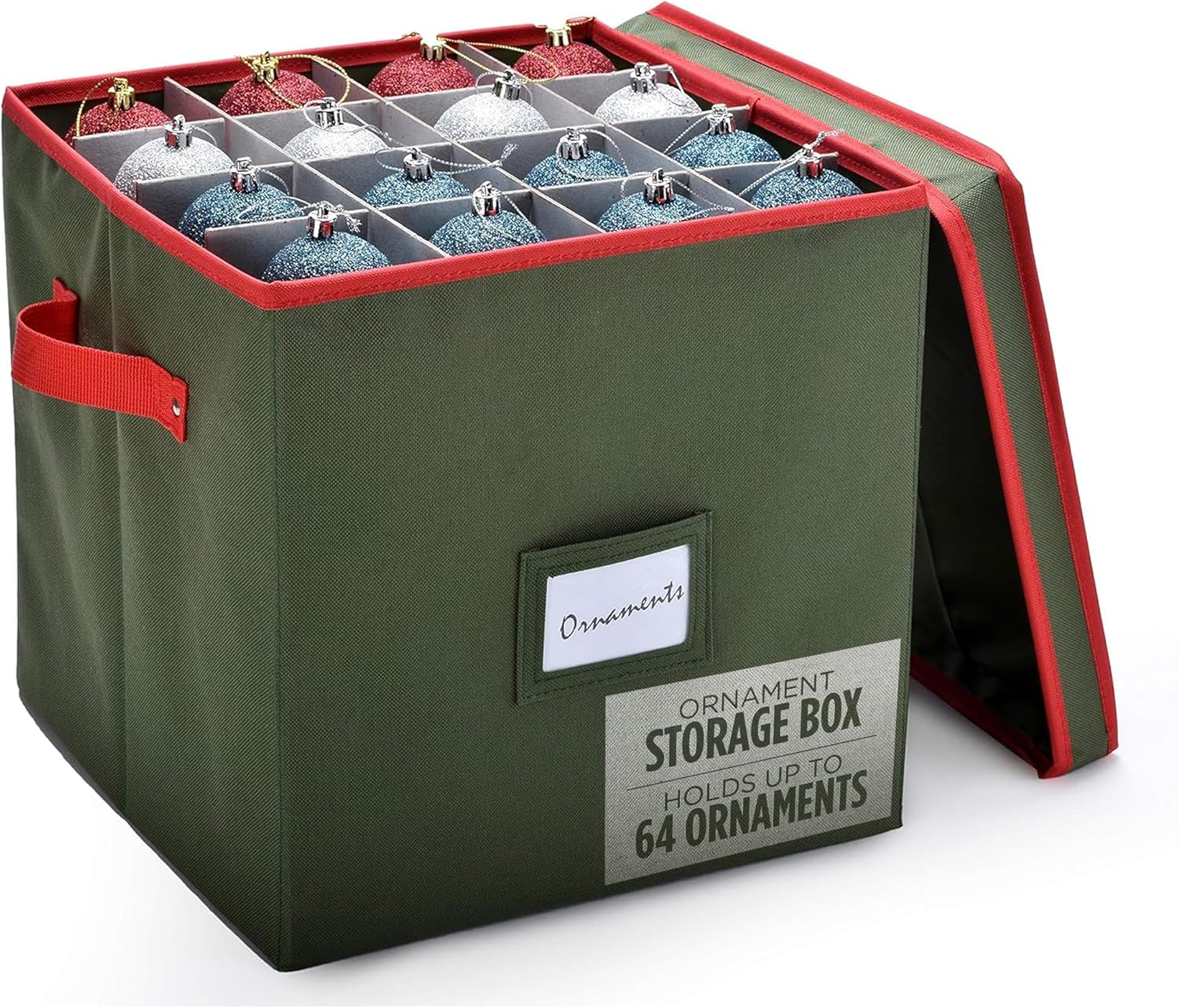 Christmas Ornament Storage - Stores up to 64 Holiday Ornaments, Adjustable Dividers, Covered Top, Two Handles. Attractive Storage Box Keeps Holiday Decorations Clean and Dry for Next Season. (Red)