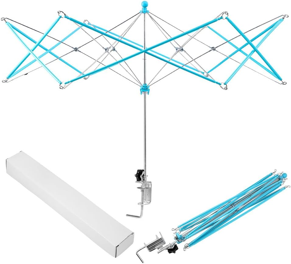 Leanockesa Yarn Winder, Umbrella Swift, with Table Clamp Portable Swift Winder for Crocheting, Holder for Skeins Flexible Lightweight Foldable Design, Height & Diameter Adjustable to Suit Space, Ideal Helper for Knitting Enthusiasts (Blue)