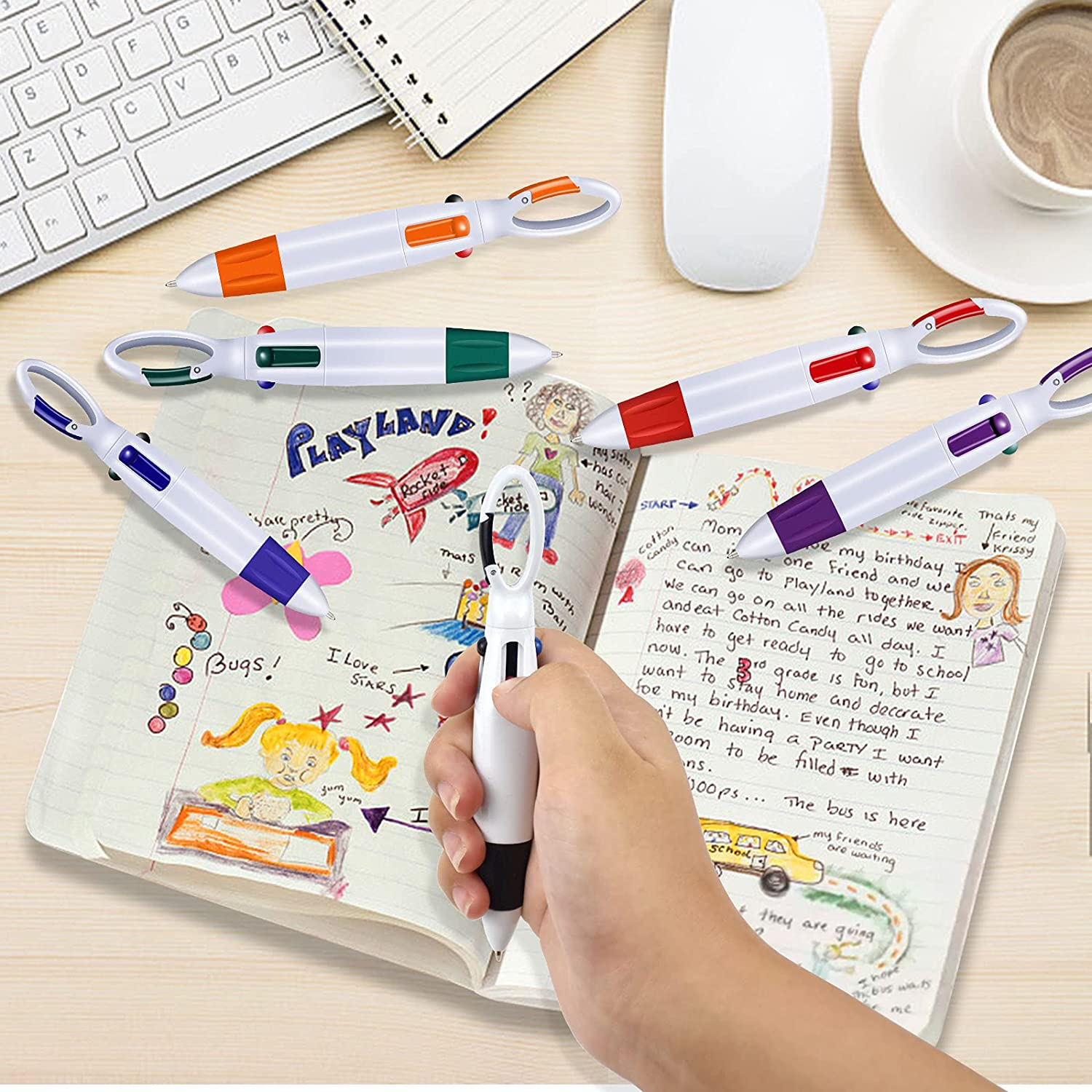 Abaokai 4 Pack 1.0 Mm 4-In-1 Shuttle Pens Retractable with Carabiner Keychain on Top, 4-Color Retractable Multicolor Ballpoint Pens for Office School Supplies Students Children Gift image number 6