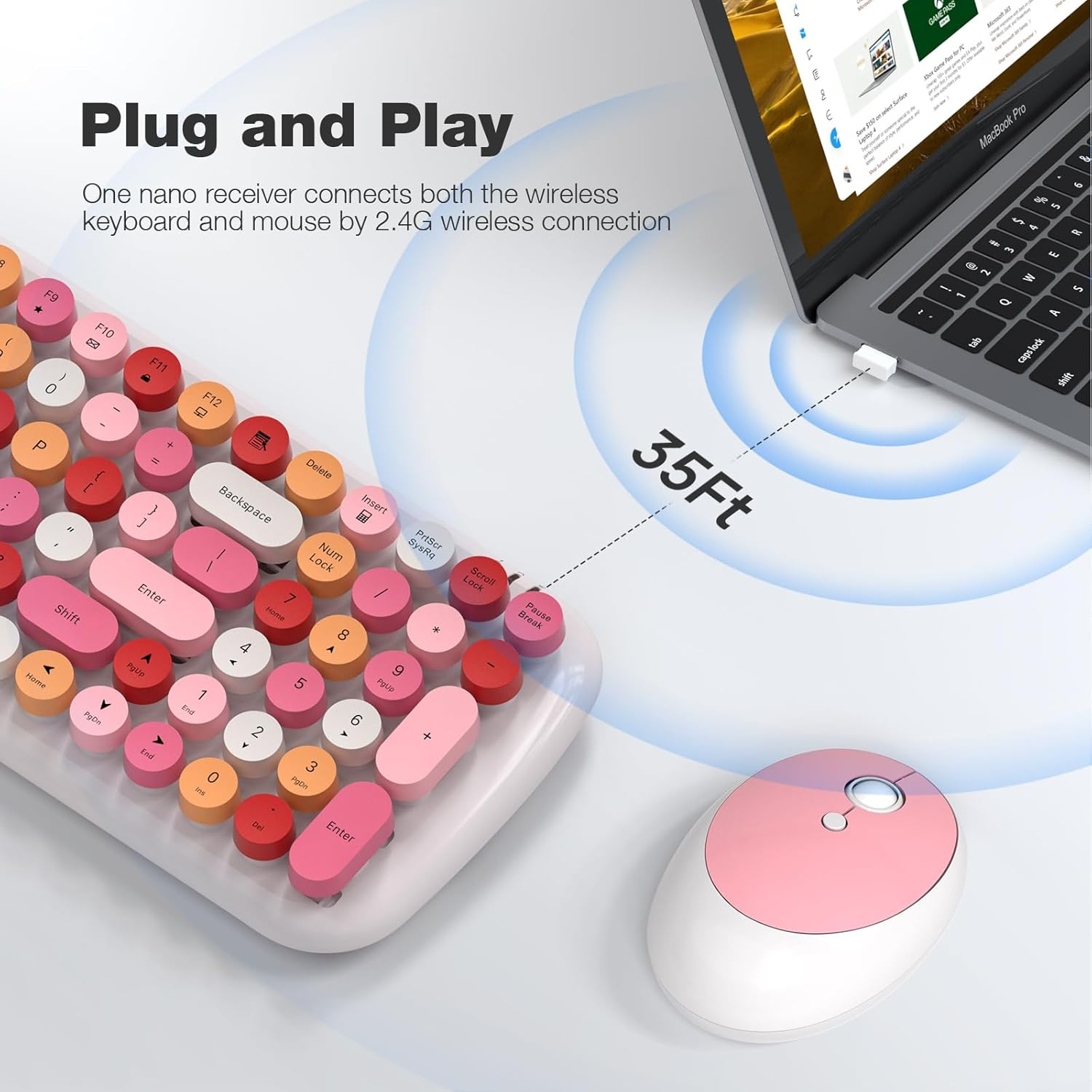 MOFII Wireless Keyboard and Mouse Combo, Full-Size Retro Typewriter-Style Wireless Keyboard with Optical Mouse for Computer/Laptop/Windows/Mac (White Colorful) - Milk Tea Colorful-B image number 5