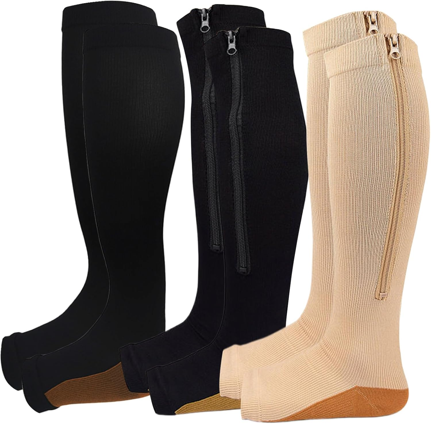 Dress Cici Open Toe Compression Socks, Toeless Compression Socks with Zipper, Zippered Sock for Women (3 Pack)