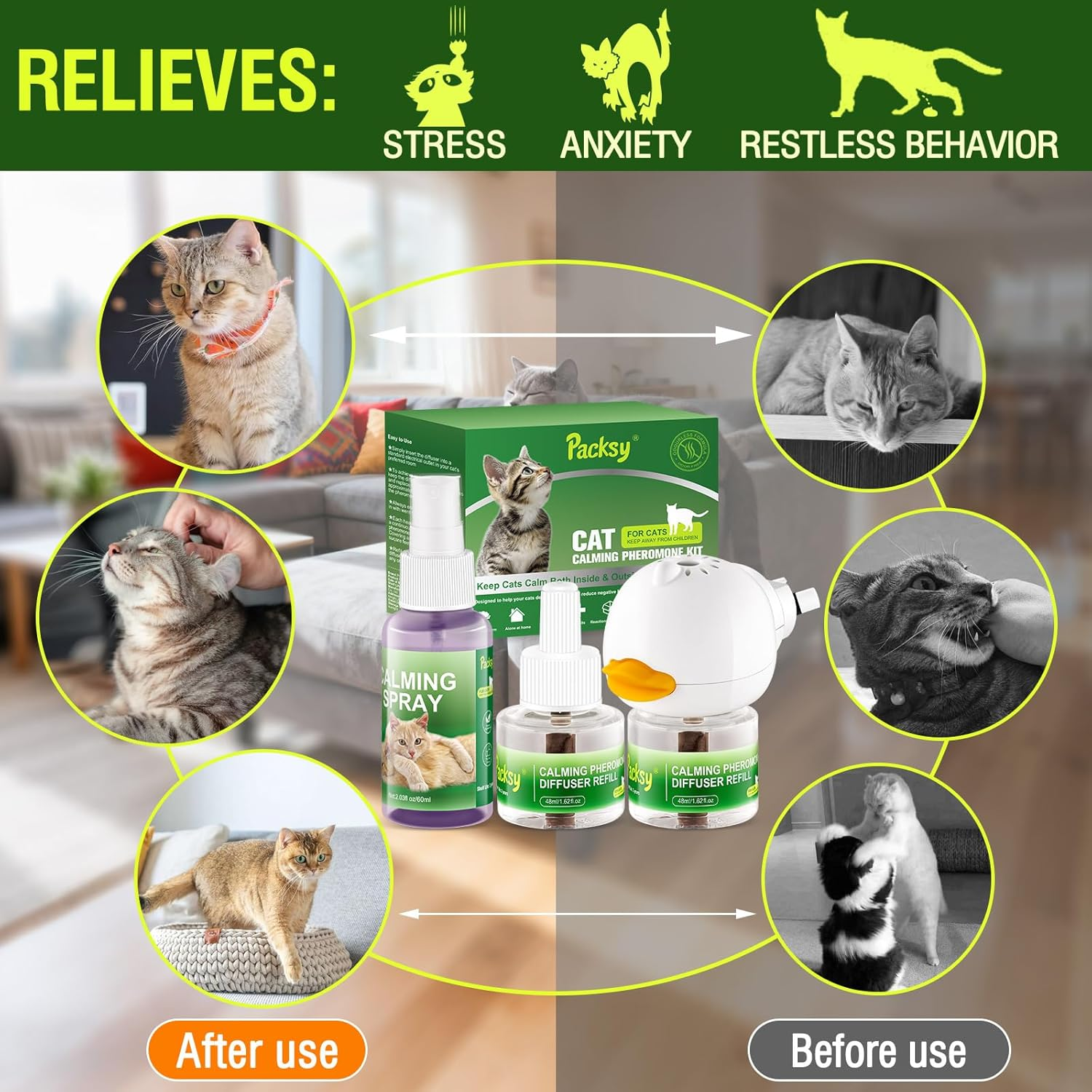 Cat Calming Pheromone Diffuser and Spray,Natural Stress-Reducing Formula for Cats,Promote Relaxation and Calmness,Easy to Use,Cat Stress Liquid,Au Diffuser(2 Refills+1 Spray) image number 2