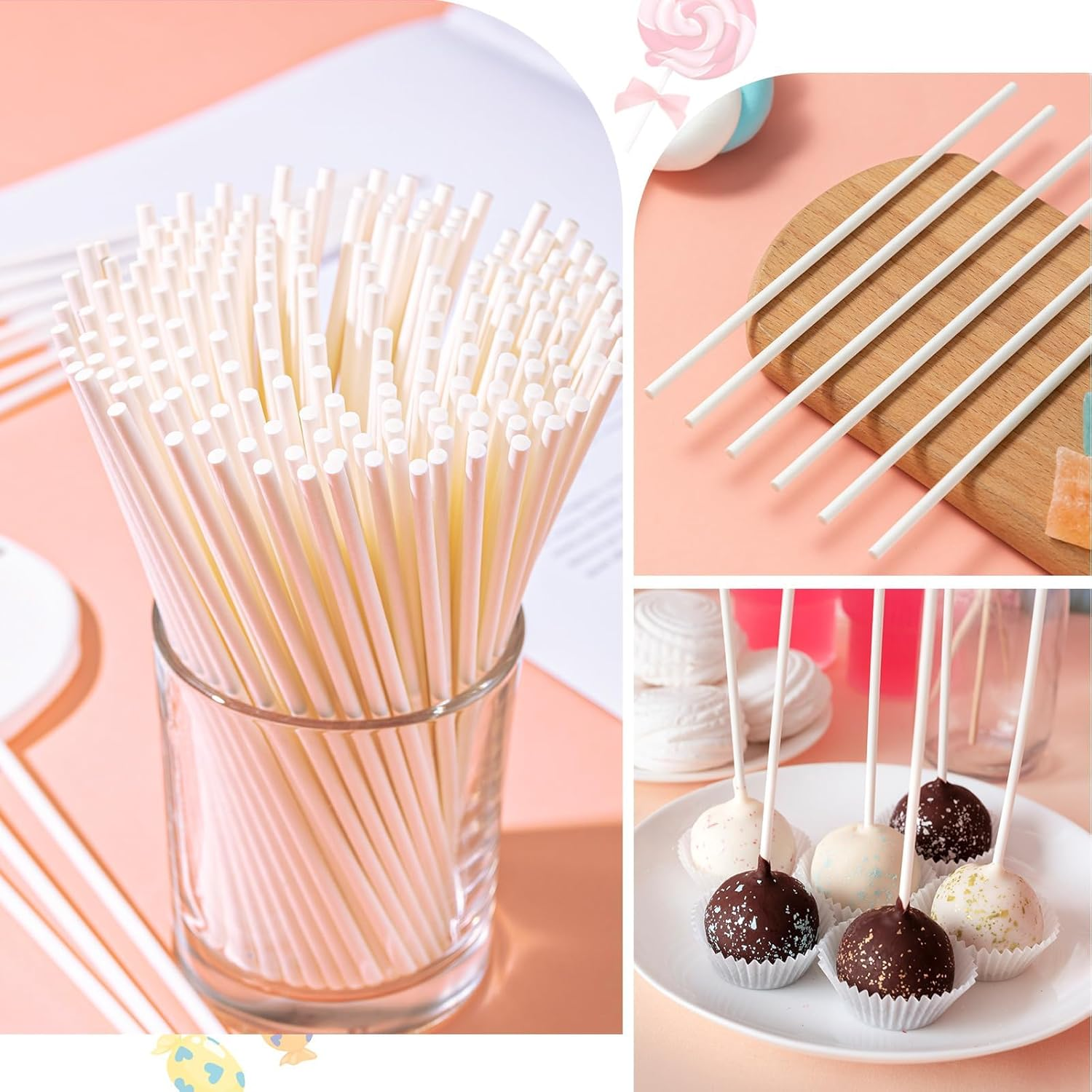 200 Count 6 Inch Lollipop Sticks, Reusable White Cake Pop Sticks, Plastic Cake Lollipop Stick for Candy Making Accessories image number 3