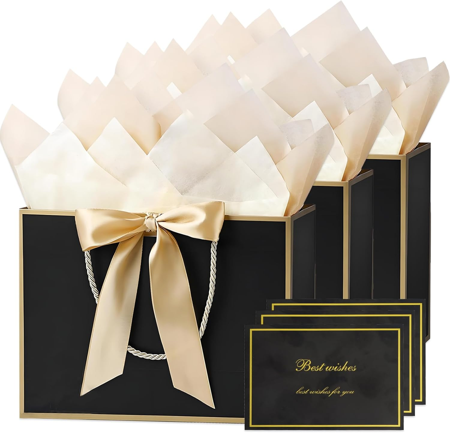 Jotia 3 Sets 28X20X10Cm Gift Bags with Bow Ribbon, Including 3Pcs Gift Bags with 6Pcs Tissue Paper 3 Greeting Cards, Paper Bag with Handle for Birthday Graduation Anniversary Christmas (White)