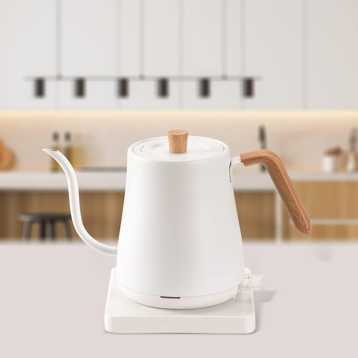 Gooseneck Electric Kettle 0.8L,304 Stainless Steel for Pour-Over Coffee & Tea, 1000W Rapid Heating, Leak-Proof Design, Auto Shutoff Anti-Dry Protection, Wood Handle (White) - White image number 6