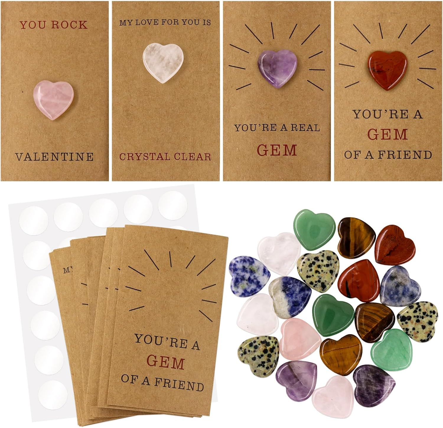 For Girl - 24 Pack Valentines Cards with Heart-Shape Crystals Natural Gemstone - Exchange Card Presents for Girls Boys School Class Classroom Party Favors
