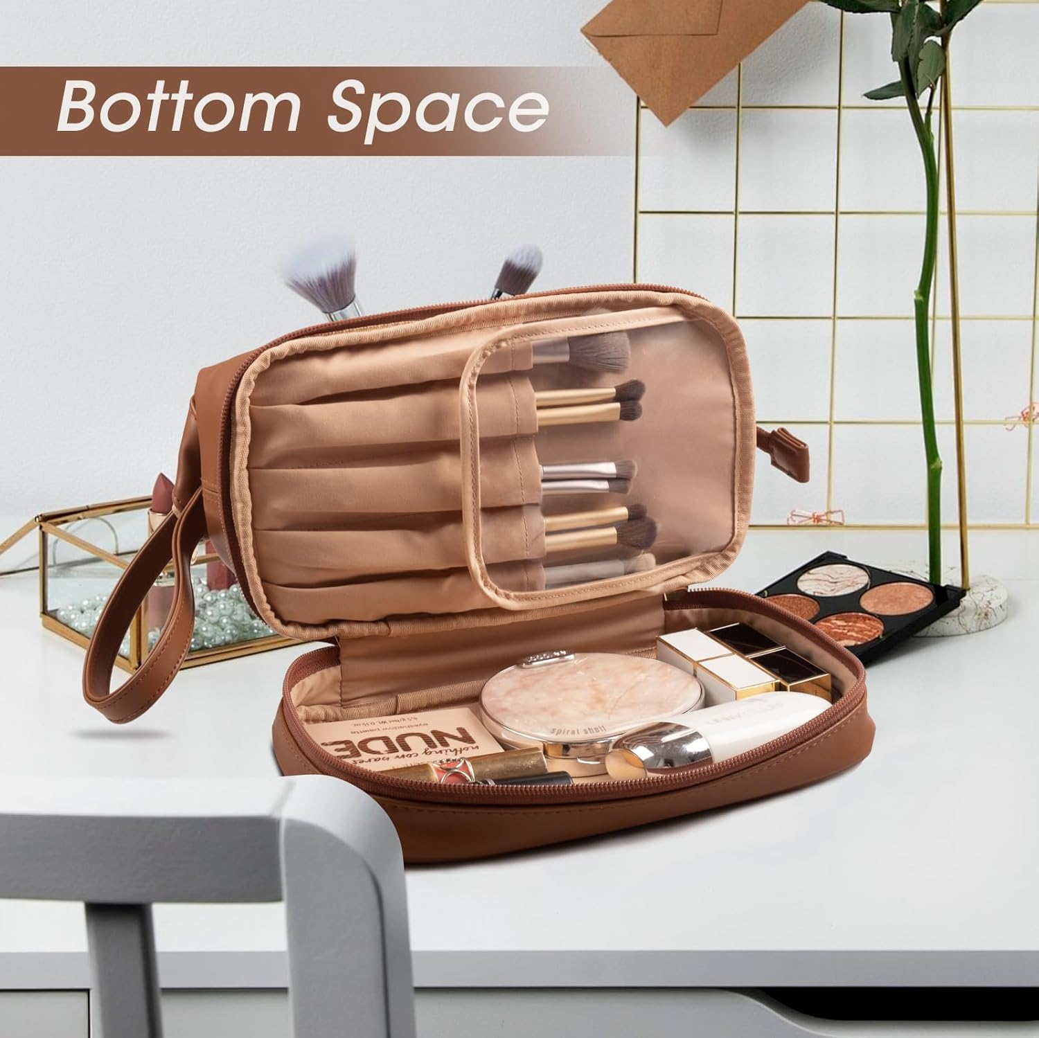 IKEEP Women'S Travel Makeup Bag - Premium PU Large Capacity Toiletry Organizer with Multiple Compartments, Portable Water-Resistant Cosmetic Bag (Brown) image number 2