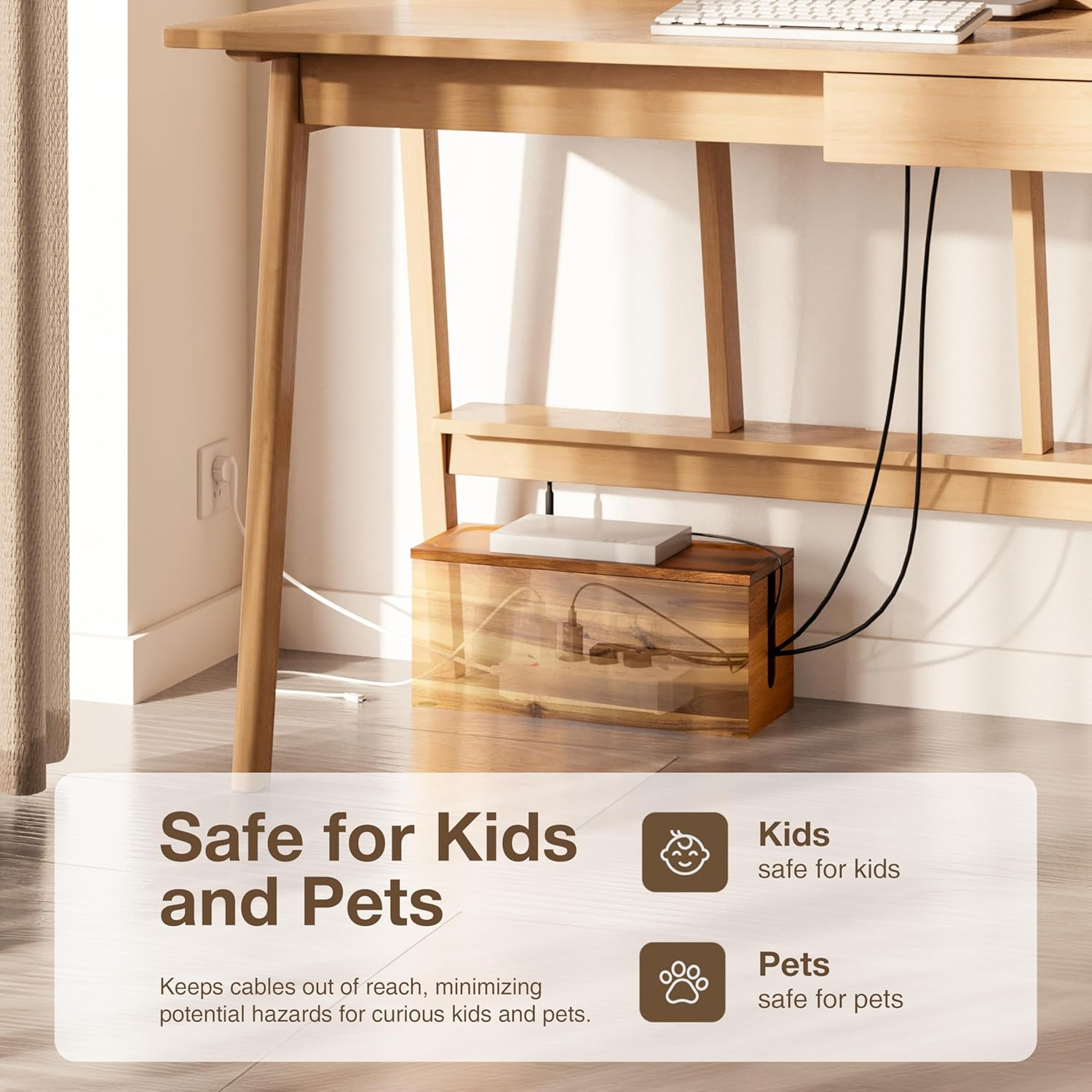 Acacia Cable Management Box - Cable Organizer Box and Power Strip Box for Electrical Cord Management - Desk Cord Hider and Floor Cable Management (Acacia, 15" Length)