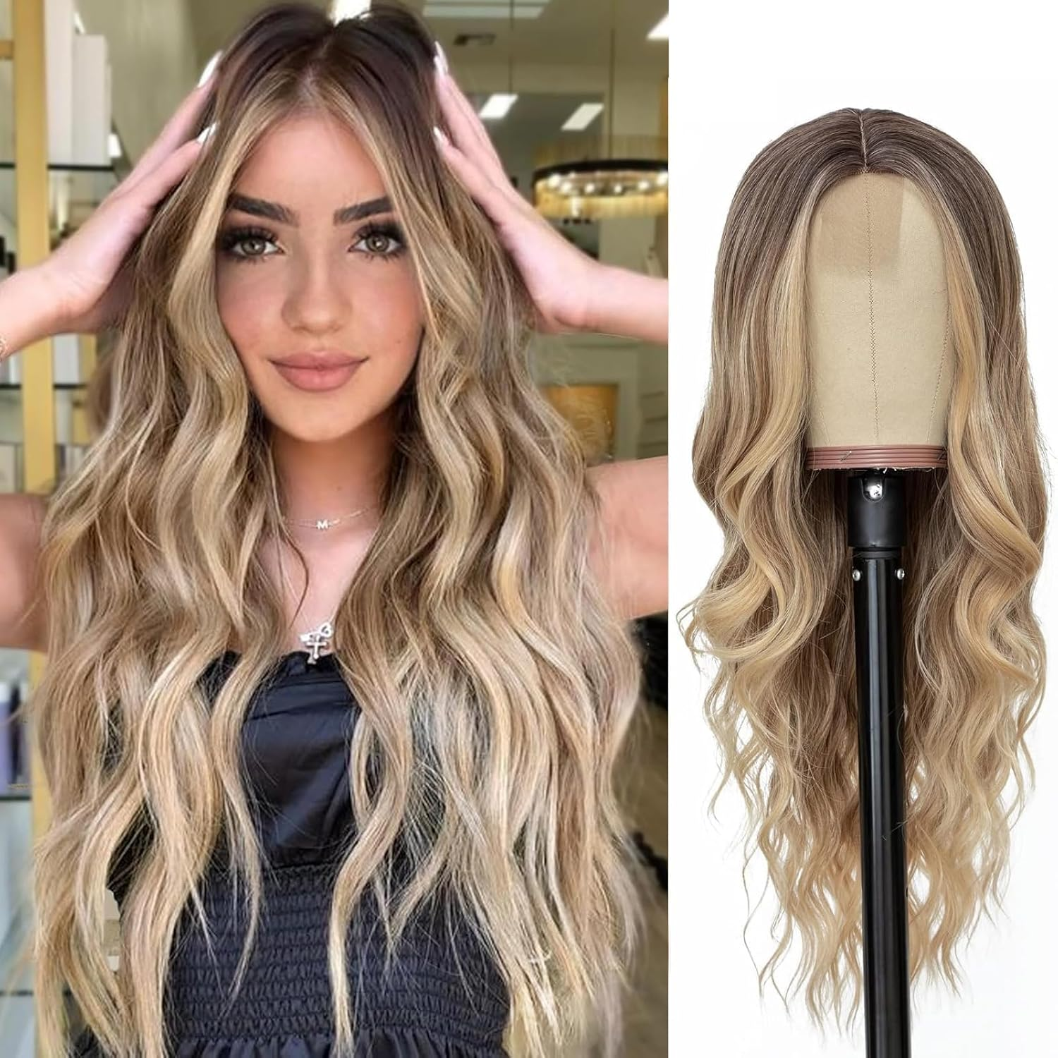 QAUARUMSUN Long Platinum Blonde Wavy Wig for Women 26 Inch Middle Part Curly Wavy Lace Front Wig Natural Looking Synthetic Wig for Daily Party Use (Ombre Blonde)