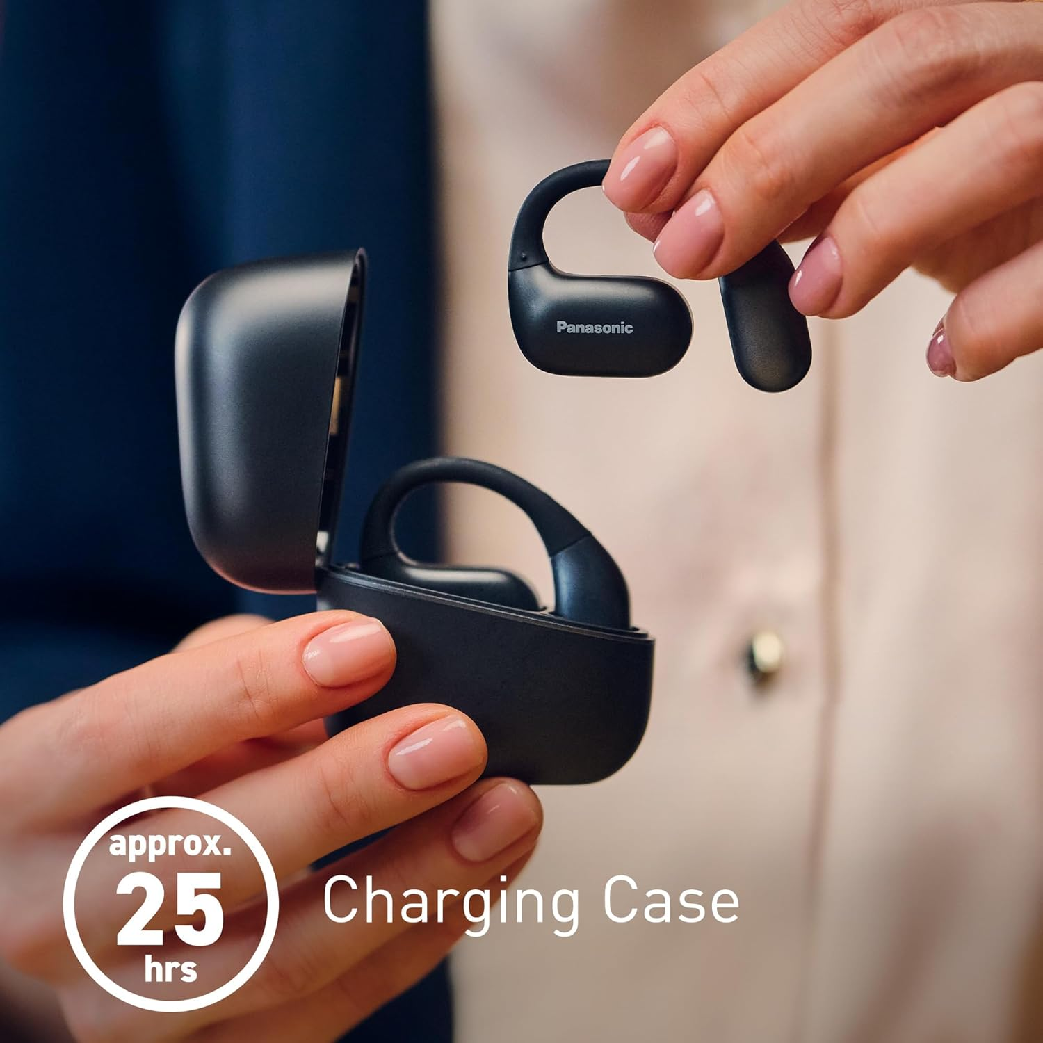 Panasonic True Wireless Bluetooth Open Ear Headphones, IPX4 Waterproof, Multi Point Connectivity, Environmental Noise Cancellation, 25Hr Play Time and USB C Charging, Black (RB-F10DE-K) image number 6