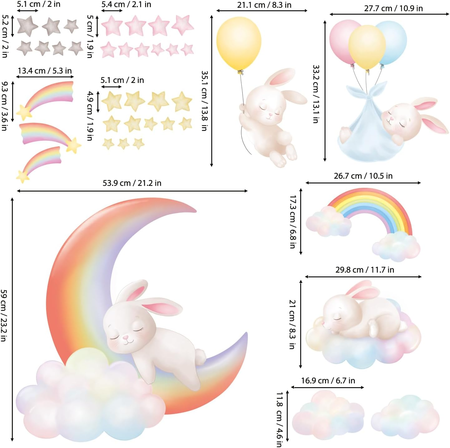DECOWALL SG2-2313 Rainbow Moon Clouds and Rabbits Wall Stickers Decals Kids Dream Bedroom Star Room Nursery Girls Baby Decorations Girly Balloon Living Playroom image number 1
