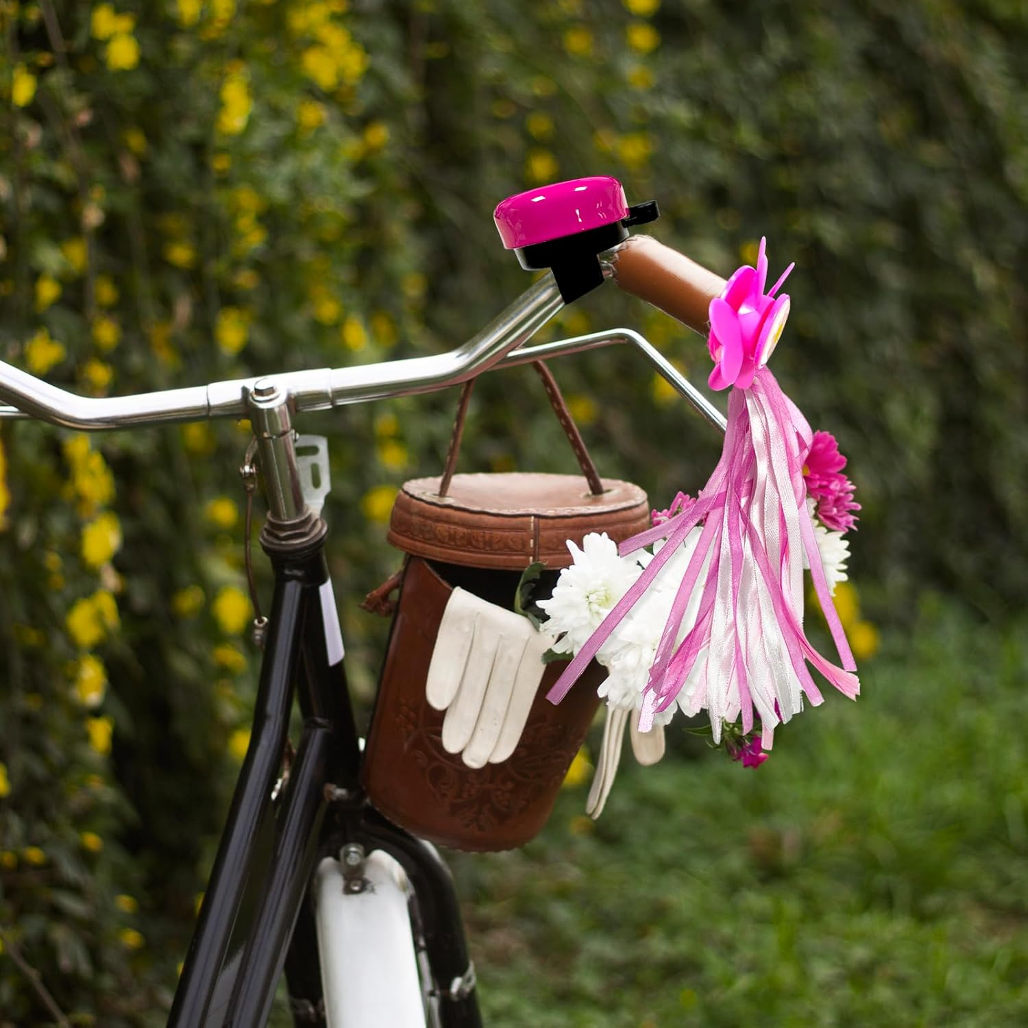 Scooter Handlebar Streamers, 2 PCS Bicycle Grips Ribbon with a Flower Bicycle Bell for Bike Decorations (3 PCS) image number 6