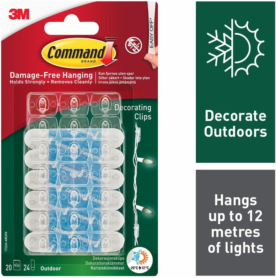 Command Outdoor Decorating Clips with Water-Resistant Strips - 20 Mini Clips and 24 Small Adhesive Strips, Transparent - Hanging Clips for Decorations and Fairy Lights - Damage Free Hanging image number 6