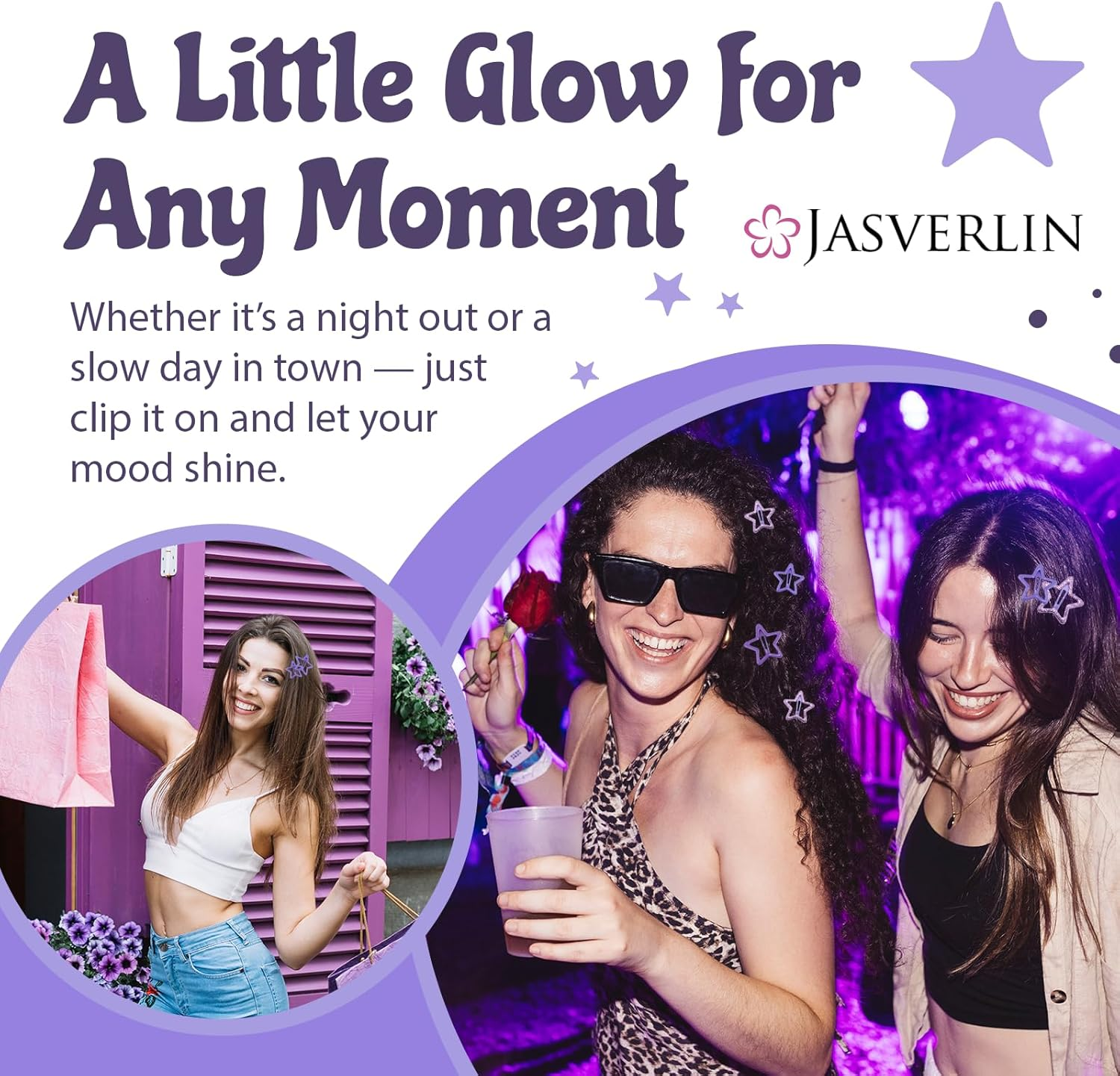 JASVERLIN 36 Pcs Star Hair Clips, Y2K Cute Snap Barrettes for Women Thin Thick Hair, Colorful Kawaii Girls Rave Accessories Glitter Non Slip Metal Hairclips Assorted Sizes (Purple) image number 5