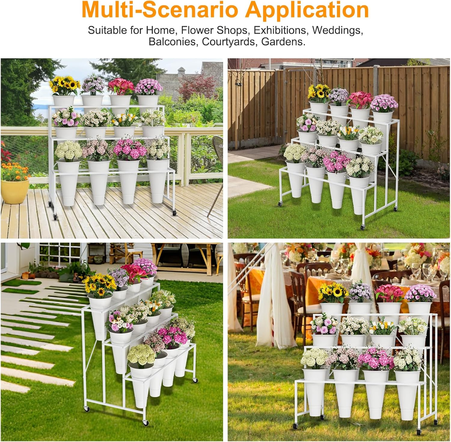 Flower Stand, 3-Tier Display Stand with Buckets for Indoor Outdoor, Flower Cart Display Stand with Wheels for Courtyard, Balcony, Shop, Wedding, Party, Exhibition, White image number 3