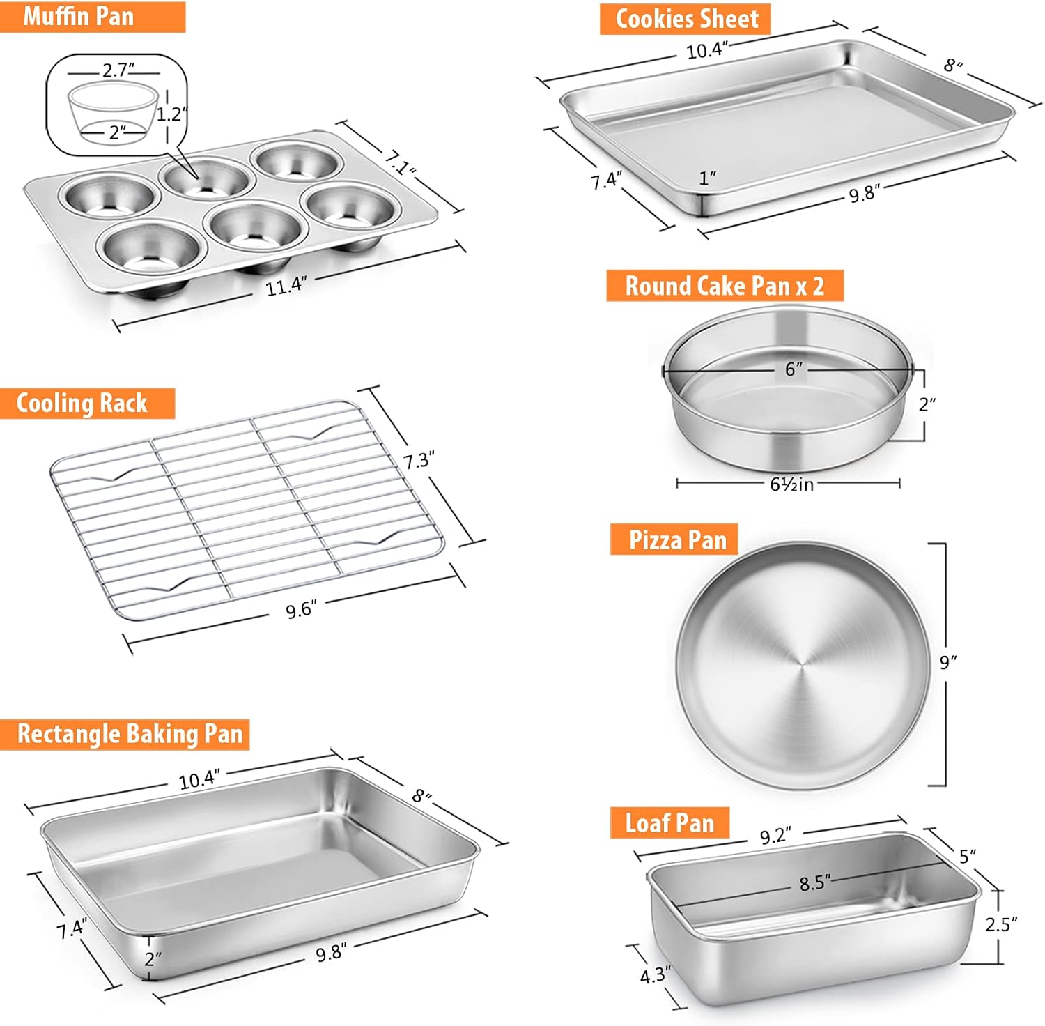 Toaster Oven Bakeware Set, E-Far 8-Piece Stainless Steel Small Baking Pan Set, Include 6-Inch Cake Pan/Rectangle Baking Pan/Cookie Sheet with Rack/Muffin/Loaf/Pizza Pan, Non-Toxic & Dishwasher Safe image number 5
