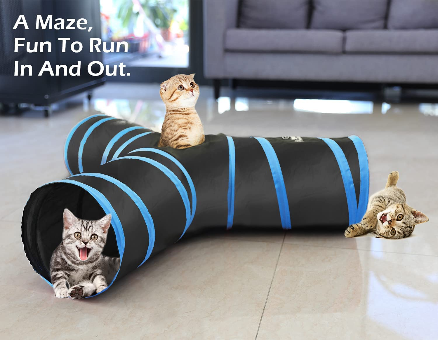 Pawaboo Cat Tunnel, Premium 3 Way Tunnels Extensible Collapsible Cat Play Tunnel Toy Maze Cat House with Pompon and Bells for Cat Puppy Kitten Rabbit, Black & Light Blue image number 6