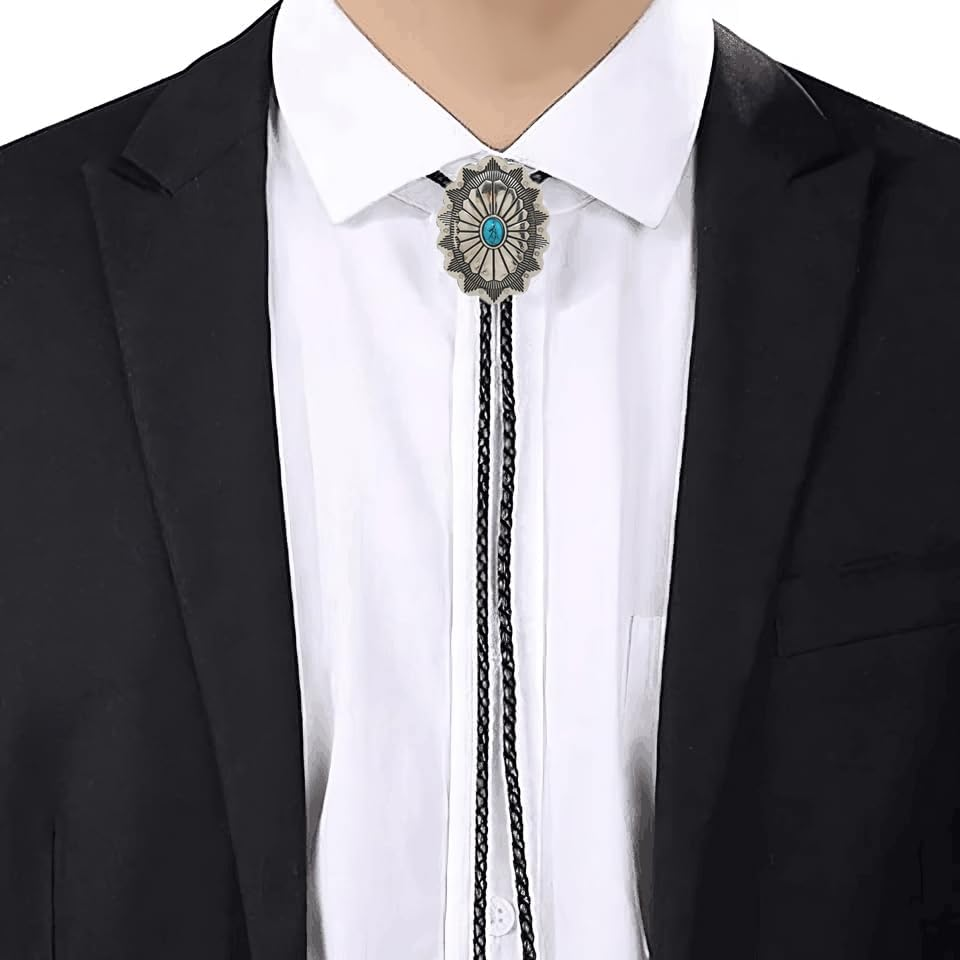 Vintage Turquoise Bolo Tie for Men - Western Cowboy Colored Oval Bola Necktie Retro Leather Necklace for Men Women - Lace Oval image number 5