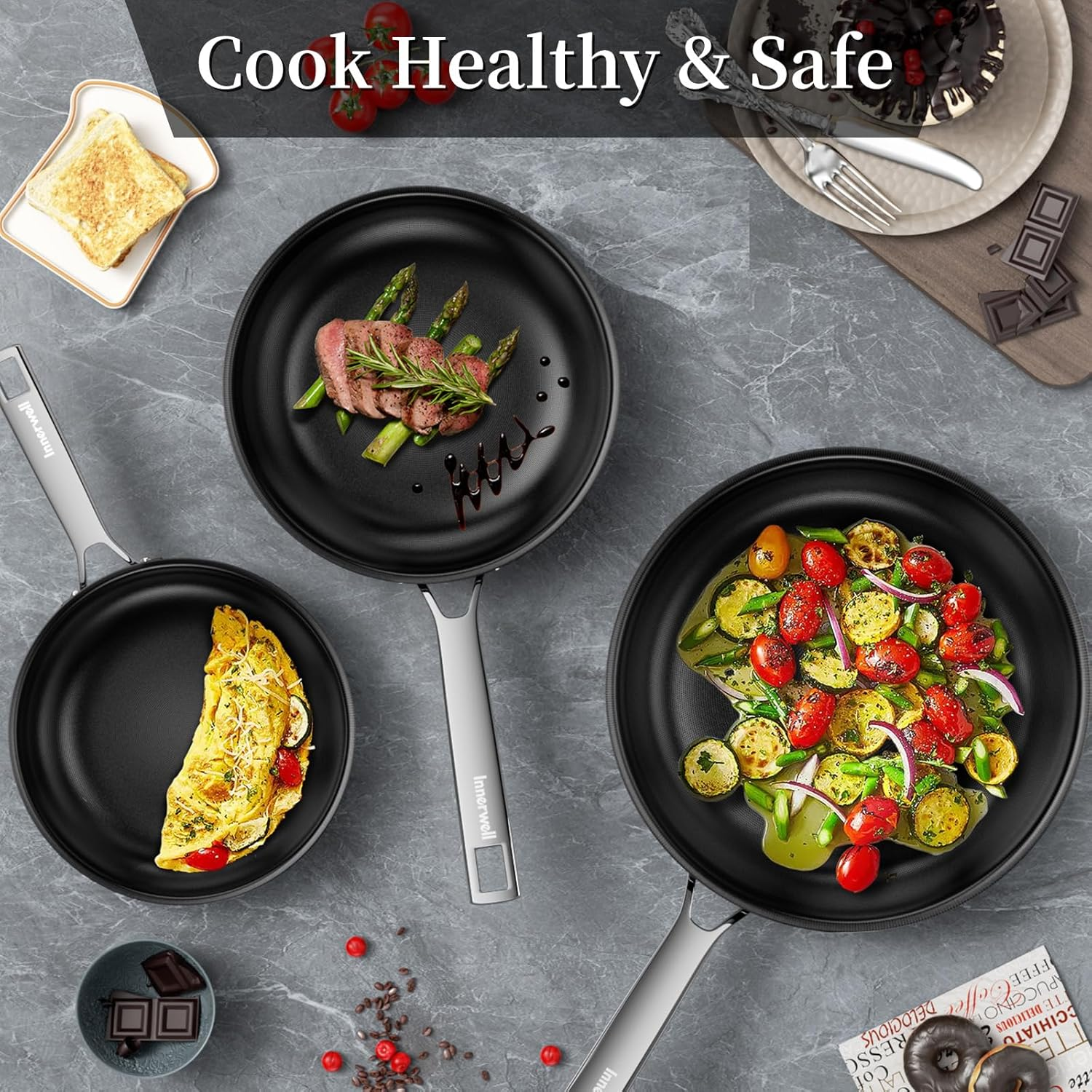 Nonstick Ceramic Frying Pan Set, 20 CM&24 CM&28 CM Stainless Steel Frying Pan Skillet W/Glass Lid, Titanium Ceramic Omelet Pans, Kitchen Cooking Pan Set, Compatible W/All Cooktops - Silver image number 6