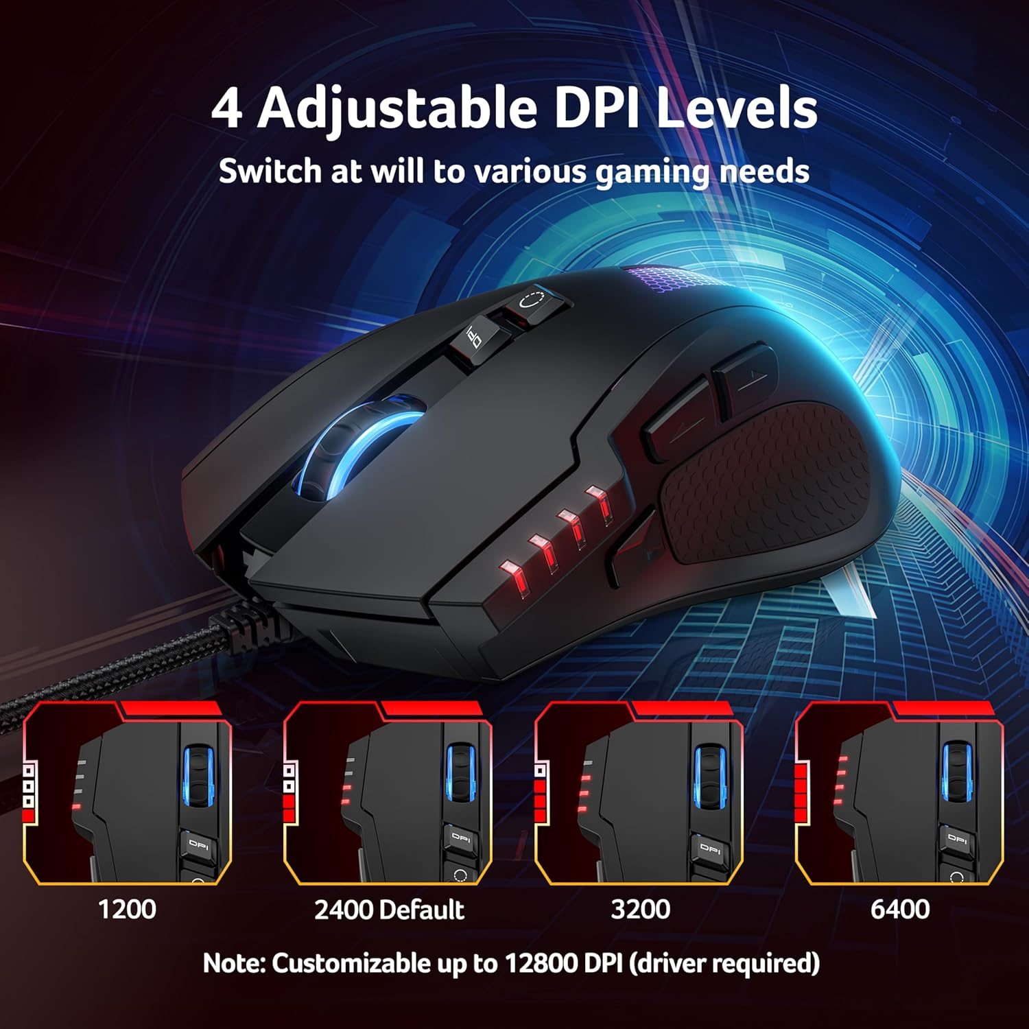 Acer Wired Gaming Mouse 12800 DPI, Computer Mouse Gaming with Cord [Driver-Supported] 8 Programmable Buttons, Rapid Fire, 1000Hz Polling Rate, 12 RGB Backlights, Optical Tracking Mice for PC Laptops image number 5
