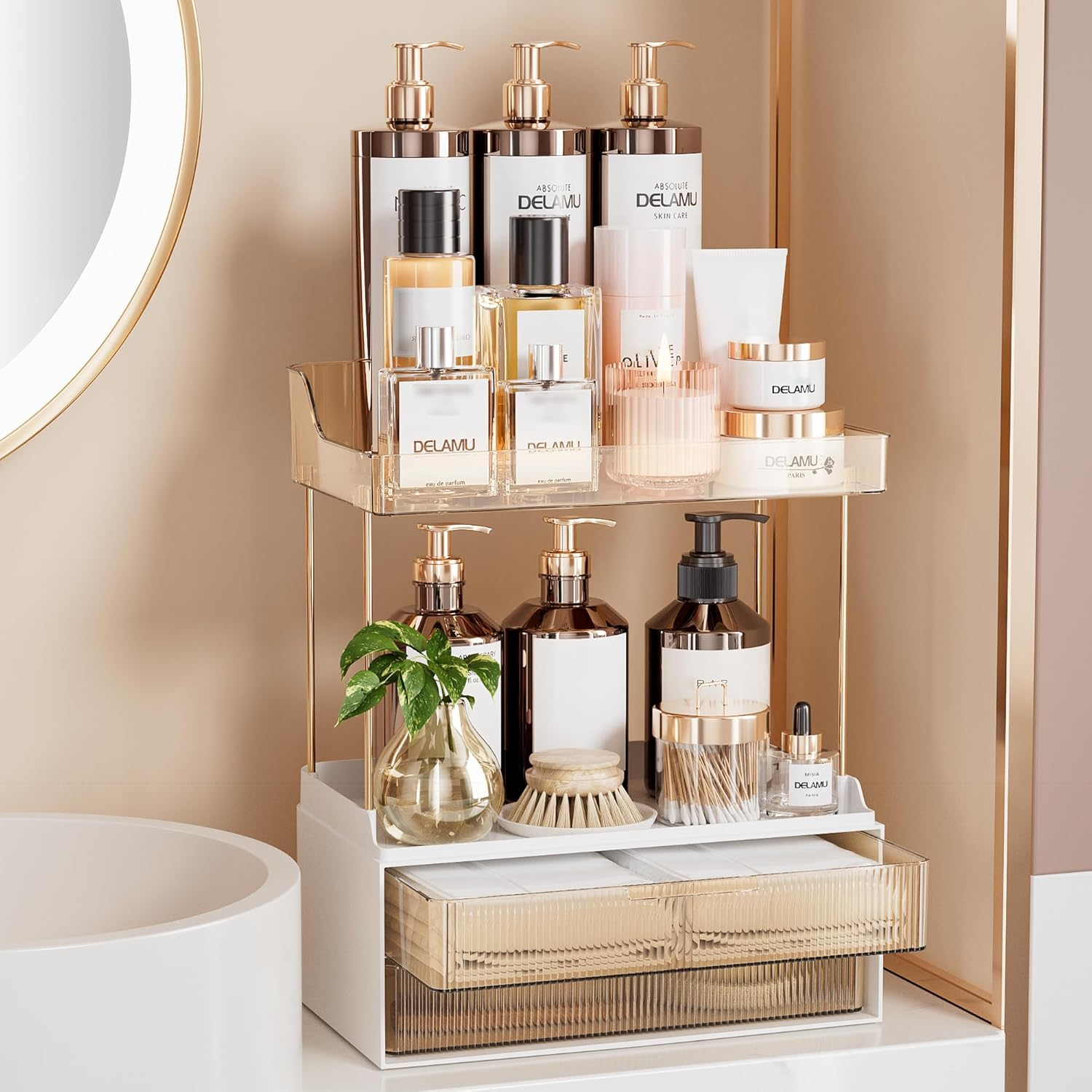 Delamu Makeup Organiser Storage, 2-Tier 2-Drawer Make up Organiser Countertop, Easy to Install, Ideal for Bathroom Storage, Vanity, Large Skincare, Perfume, Present, and More, Amber