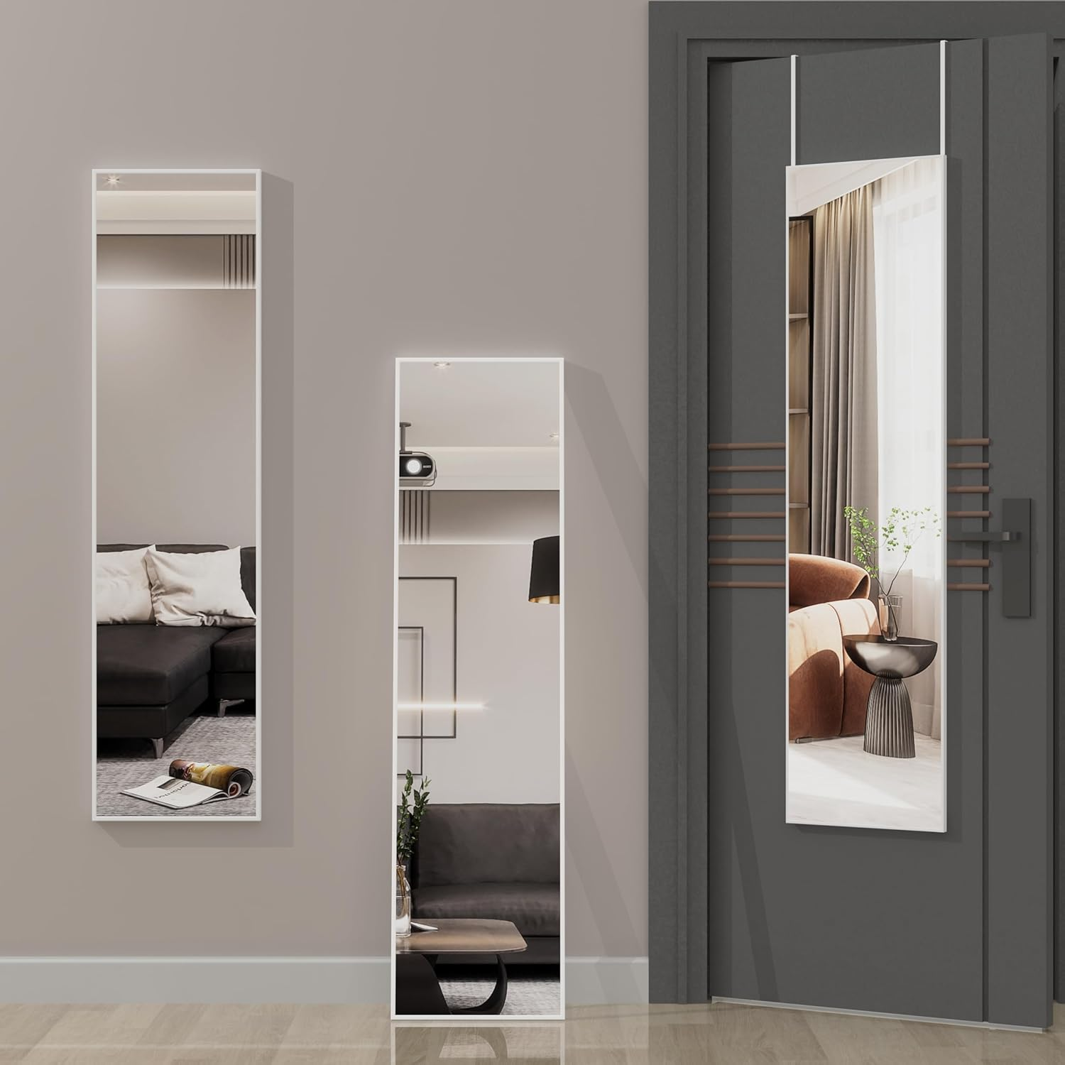 ANYHI over the Door Mirror, 120X30Cm Wall Mirror Full Length, White Mirror Full Length, Door Hanging Mirror, Full Body Mirror for Door, Wall Mounted Mirror for Bedroom Bathroom image number 7