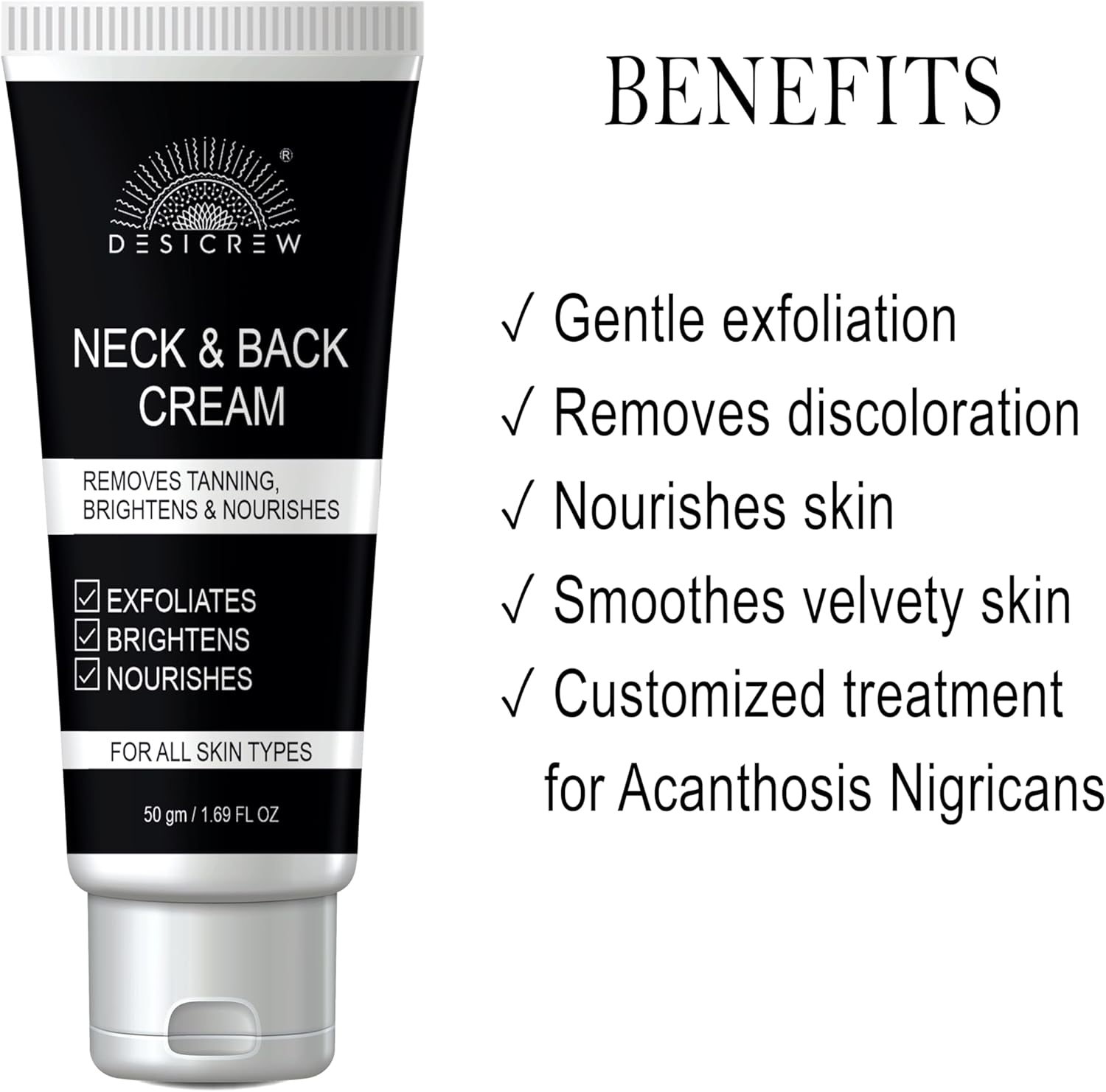 Desi Crew Neck Back Lightening Cream, for Dark Body Parts like Neck, Ankles, Knuckles, Armpits, Thighs, Elbows,| for Men & Women | for All Skin Types | 50 Gm image number 2