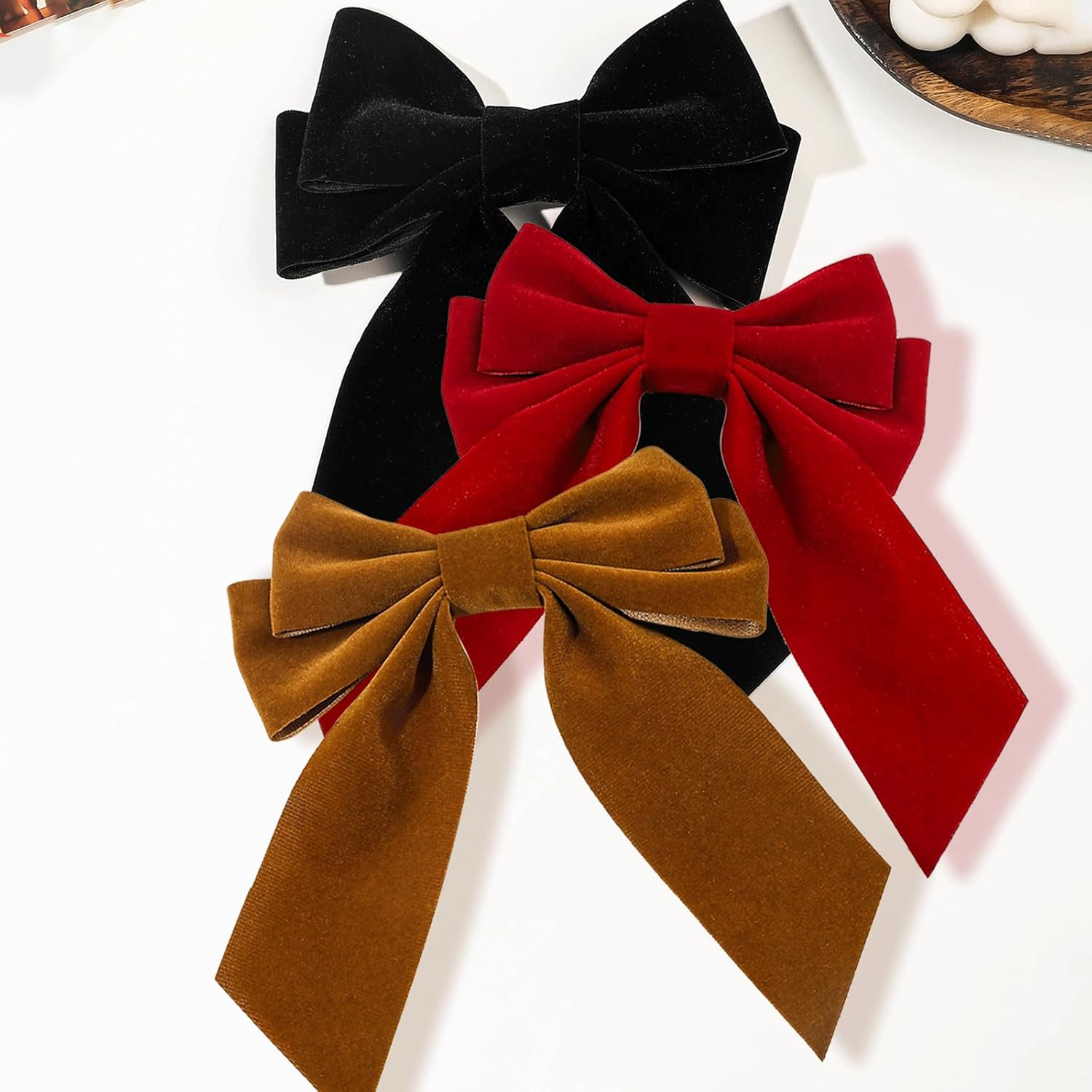 AYNKH 3 Pieces Solid Color Double Velvet Hair Clips with Long Floating Ribbon French Long Bow Vintage Hair Accessories for Girls and Women, Suitable for Autumn and Winter image number 1