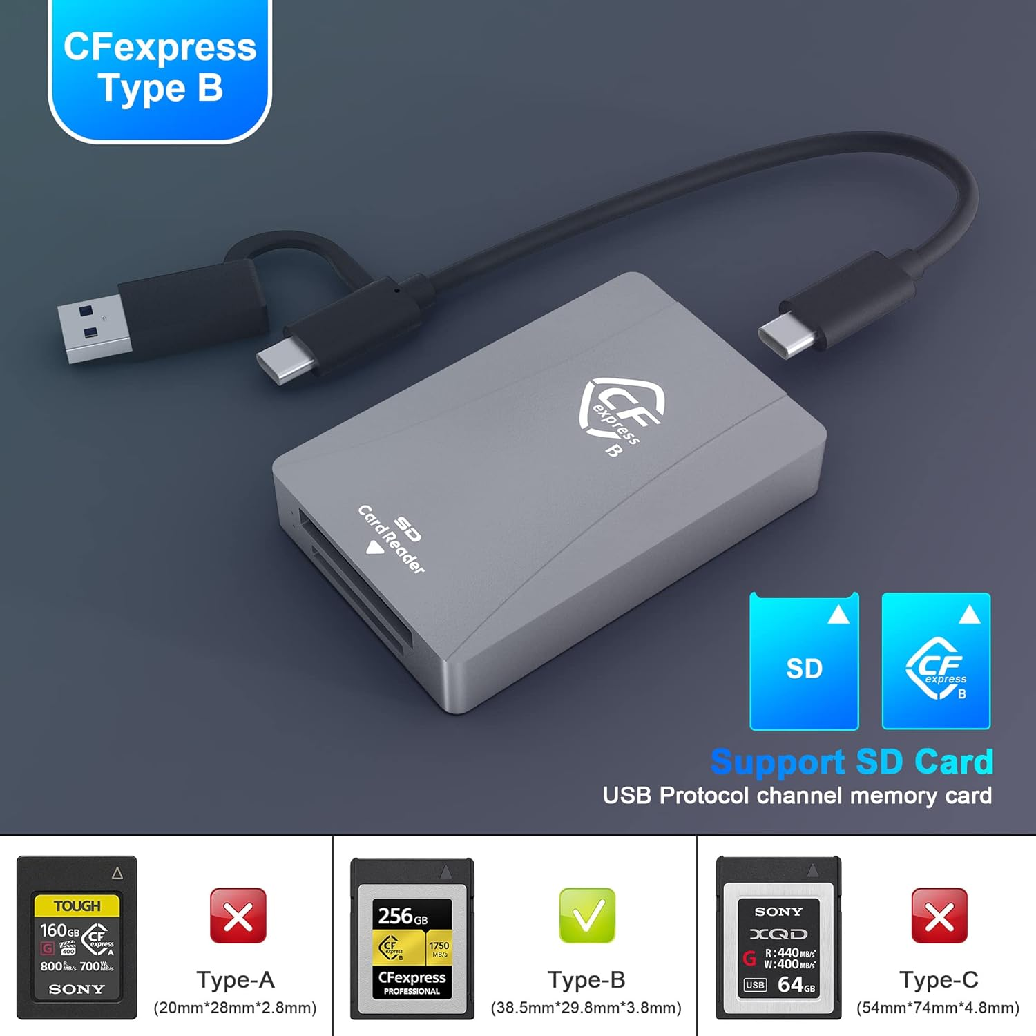 Cfexpress Type B Card Reader, USB 3.2 Gen 2 10Gpbs, Compatible with Cfexpress Type B Card/Sd Memory Card, Dual-Slot Portable Aluminum Cfexpress Card Adapter Support Windows/Android/Mac Os/Linux - Cr327 image number 5