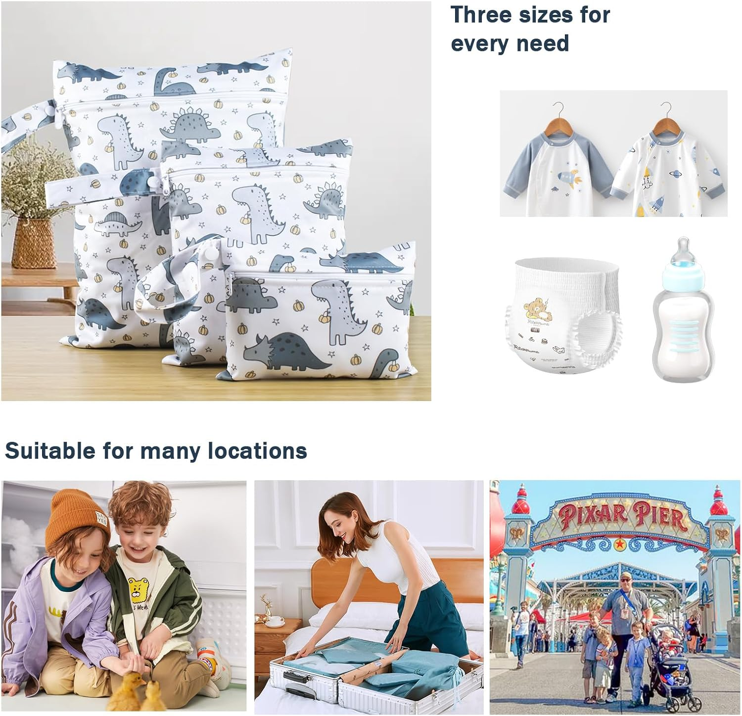 Pack of 3 Dinosaur Motifs Wet Bags Nappy Bag, Wetbag, Wetbag, Nursery Nappy Bag for on the Go with Zip, Wet Bag, Nappy Bag, Wet Bag, Organiser for Swimming and Travel