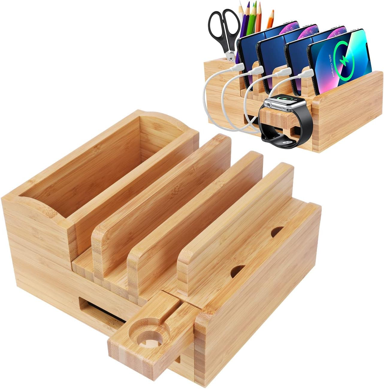 Bamboo 5-Slot Charging Station Docking Holder, USB Charging Station for Multiple Devices, Smartwatches, Tablets, Yellow image number 3