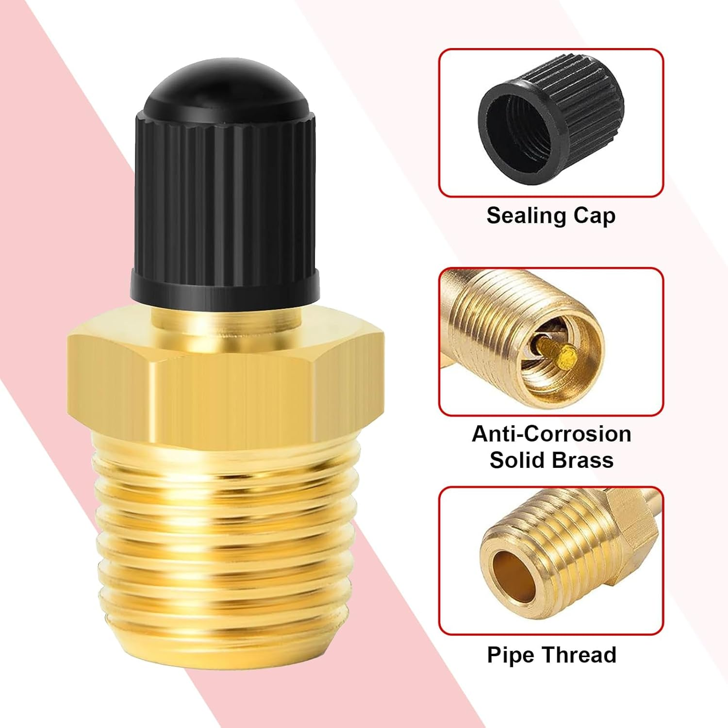 4 Pieces Tank Valve, Standard Valve Core with 1/4'' NPT Male Threads, Anti-Corrosion Brass Fill Valve with Sealing Cap, Air Compressor Air Tank Fill Valves Tool Fittings image number 1