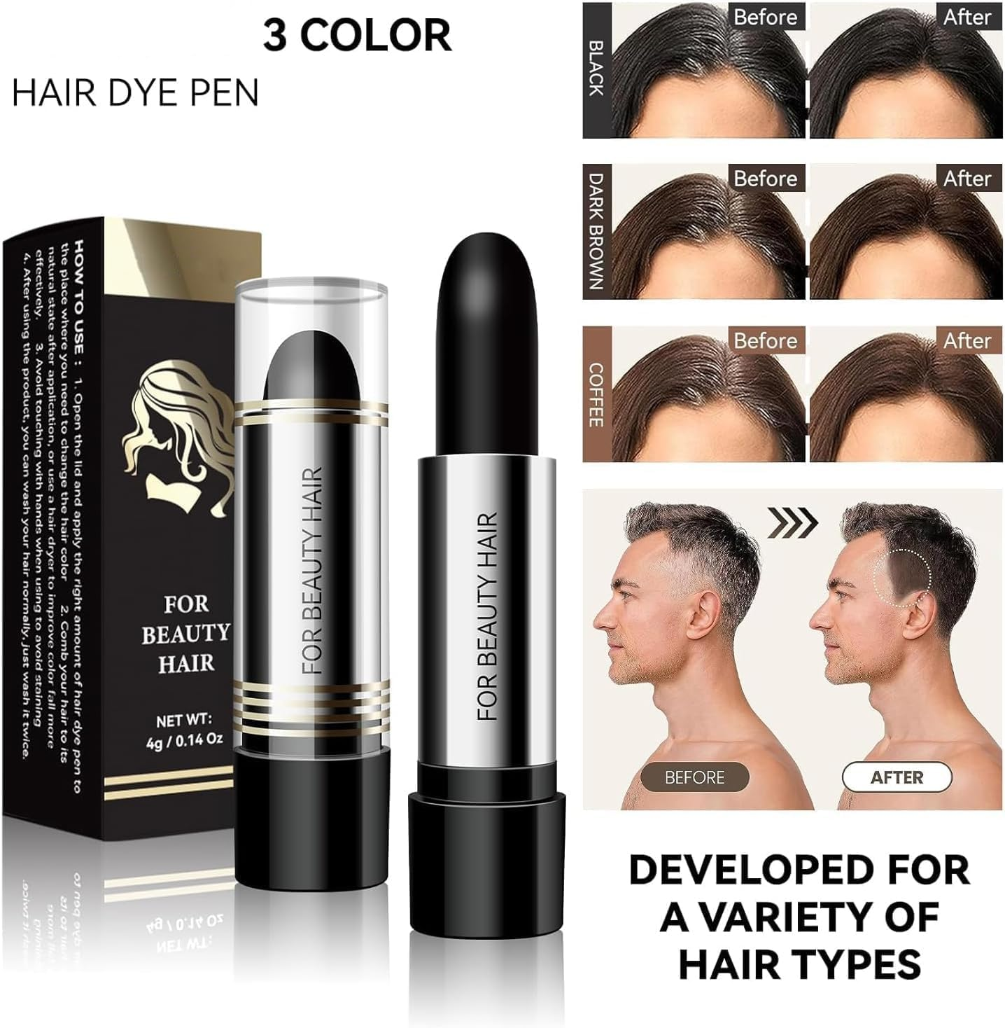 Disposable Hair Dye Pen, Cover Gray Hair Color Touch-Up Stick, Hair Color Pen for Roots, One-Time Hair Dye Instant Gray Root Temporary Coverage (03# Coffee, L) image number 6