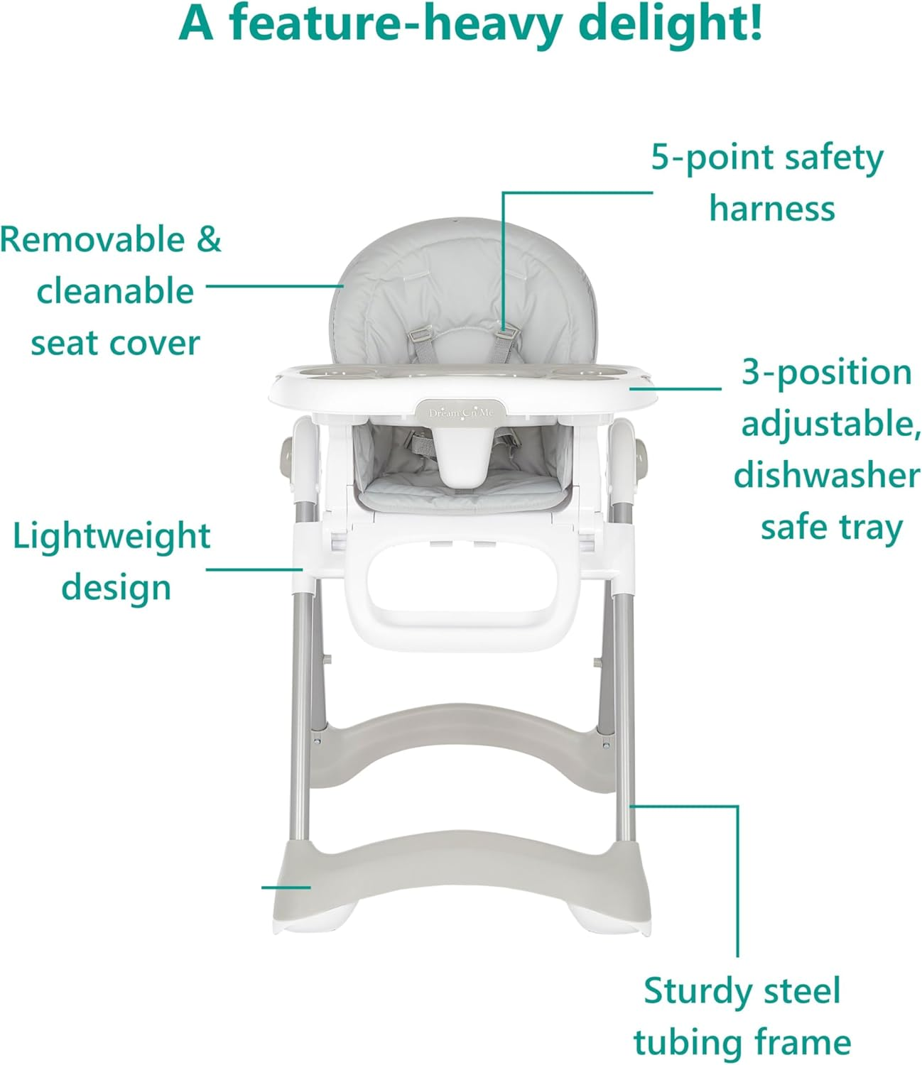Dream on Me Solid Times High Chair for Babies and Toddlers in Grey, Multiple Recline and Height Positions, Lightweight Portable Baby High Chair, 5 Point Safety Harness, Easy to Clean Surface image number 6