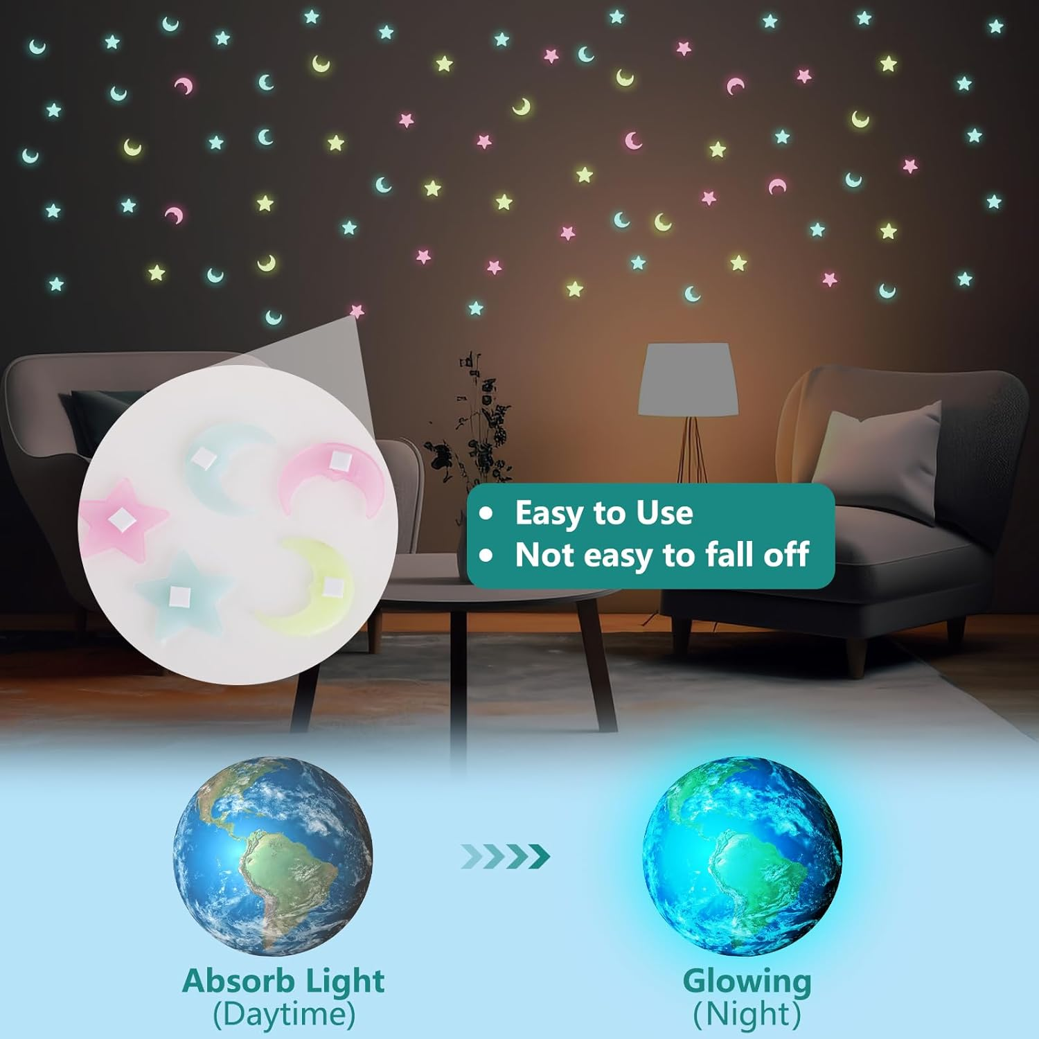 Geeric 100Pcs Star Moon Wall Decals Home Decoration, Glowing Wall Decals Decor Stickers Glow in the Dark Star for DIY Kids Bedding Room Party Birthday Gift Bedroom Sticker Decor Walls DIY Decoration image number 3