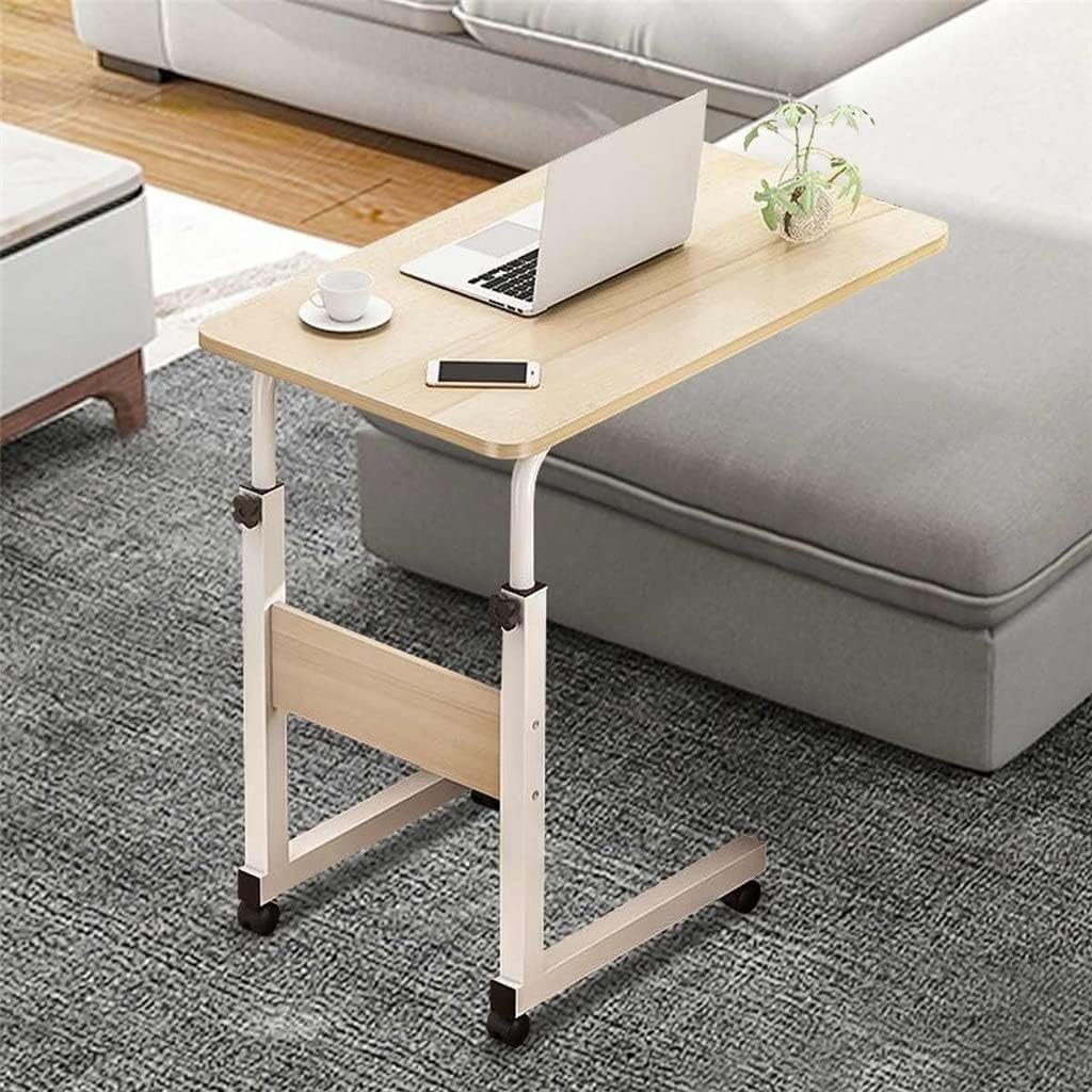Side Table, C Shaped Table with Wheels, Industrial Side Table for Living Room Bedroom, Adjustable Height, Mobile Computer Desk Laptop Table for Home Use (Light Walnut)