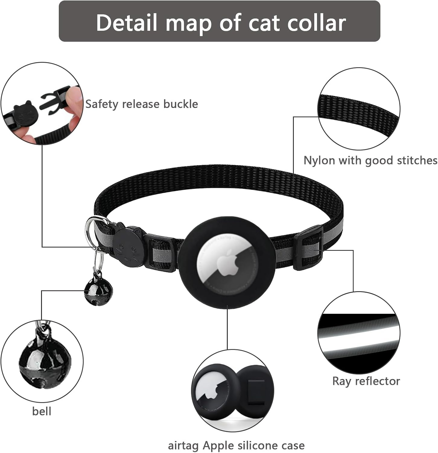 Airtag Cat Collar Breakaway, Reflective Kitten Collar with Apple Air Tag Holder and Bell for Girl Boy Cats image number 4