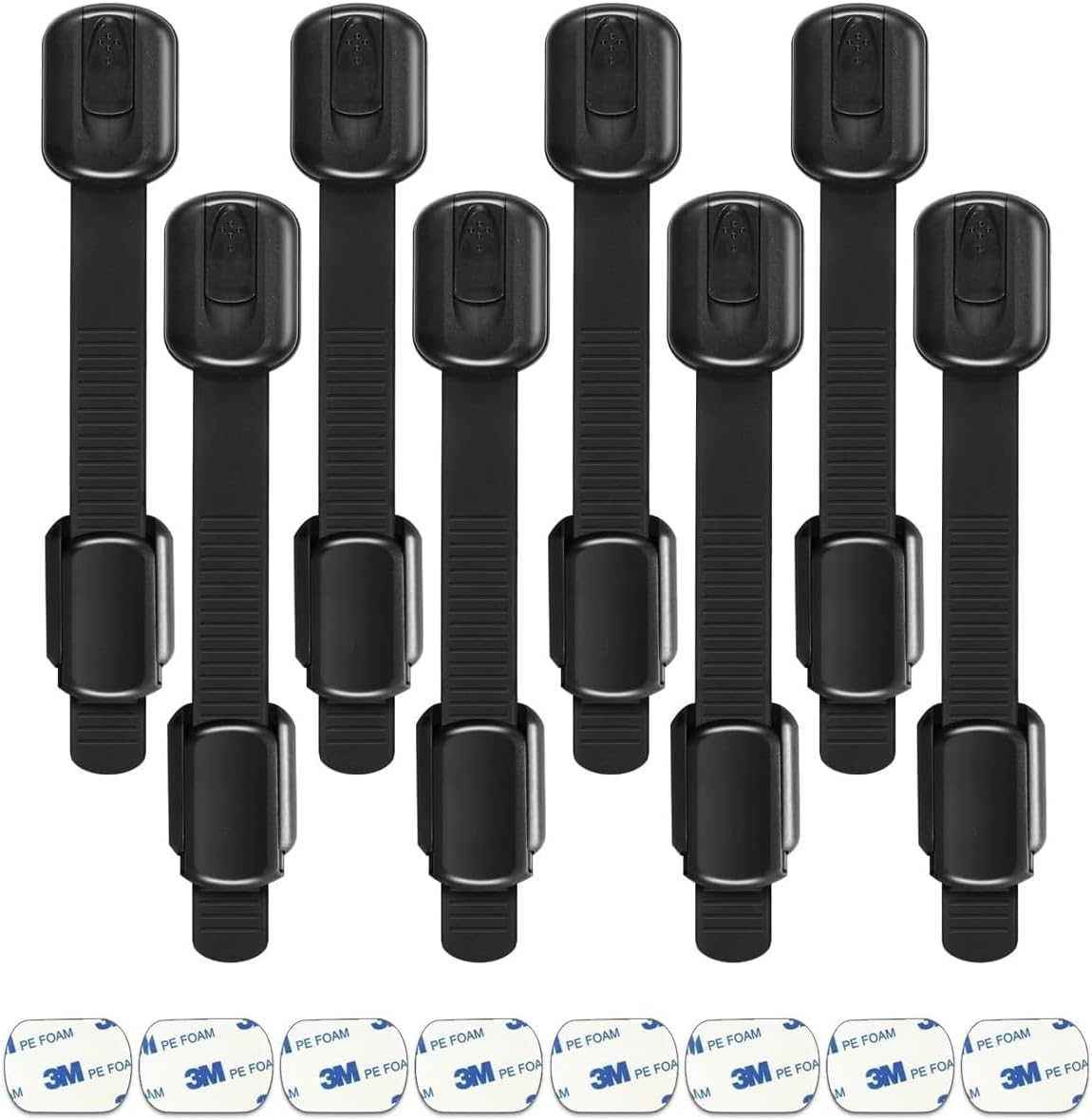 Child Safety Locks and Cabinet Drawer Latches, 8-Piece Baby Protective Adhesive Straps, Easy to Install and Reusable, Suitable for Cabinets, Drawers, Refrigerators, Windows and Doors（Black）- Mecus image number 1